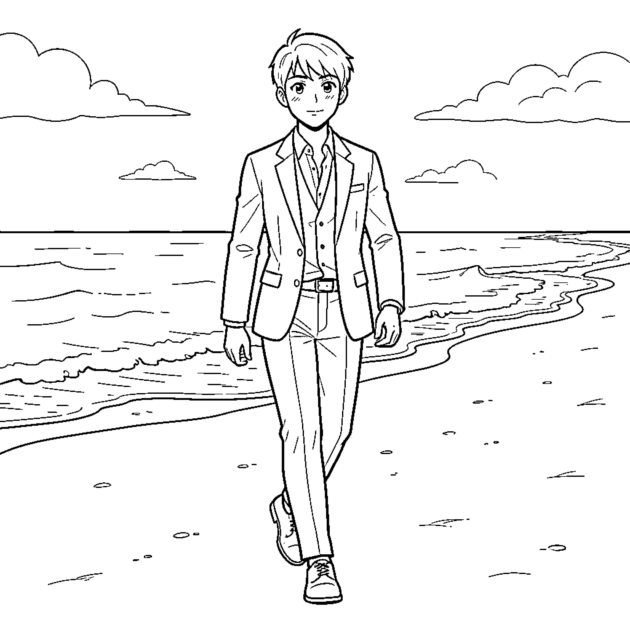 Anime Character in a suit walking on the beach Coloring Page (free black-and-white line drawing printable PDF for all, from beginners to advanced learners, including children, teens, adults, and seniors)