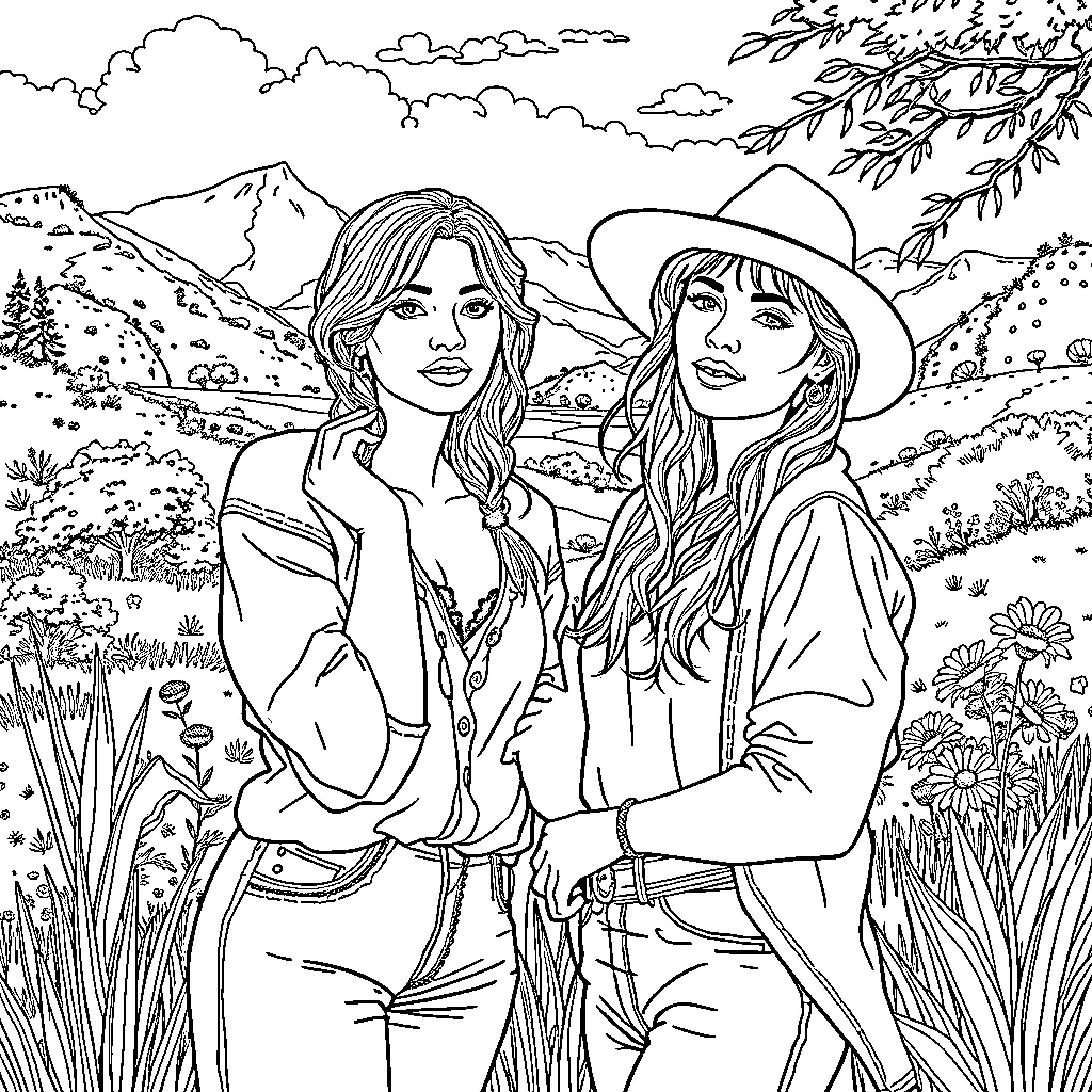 Chick Friends Exploring Scenic Landscape Coloring Page (free black-and-white line drawing printable PDF for all, from beginners to advanced learners, including children, teens, adults, and seniors)
