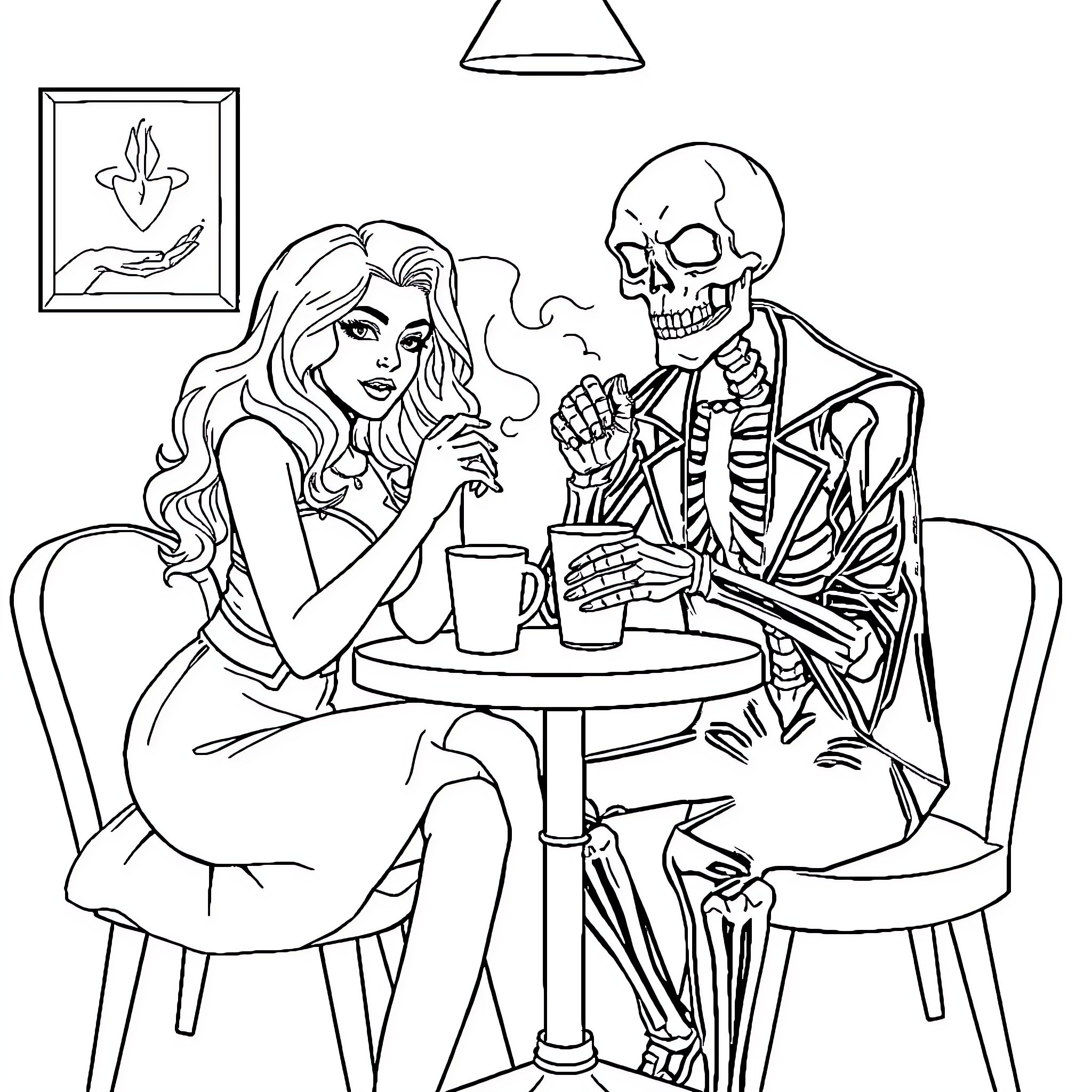 Madonna and the Skeleton at a Cafe Coloring Page (free black-and-white line drawing printable PDF for all, from beginners to advanced learners, including children, teens, adults, and seniors)