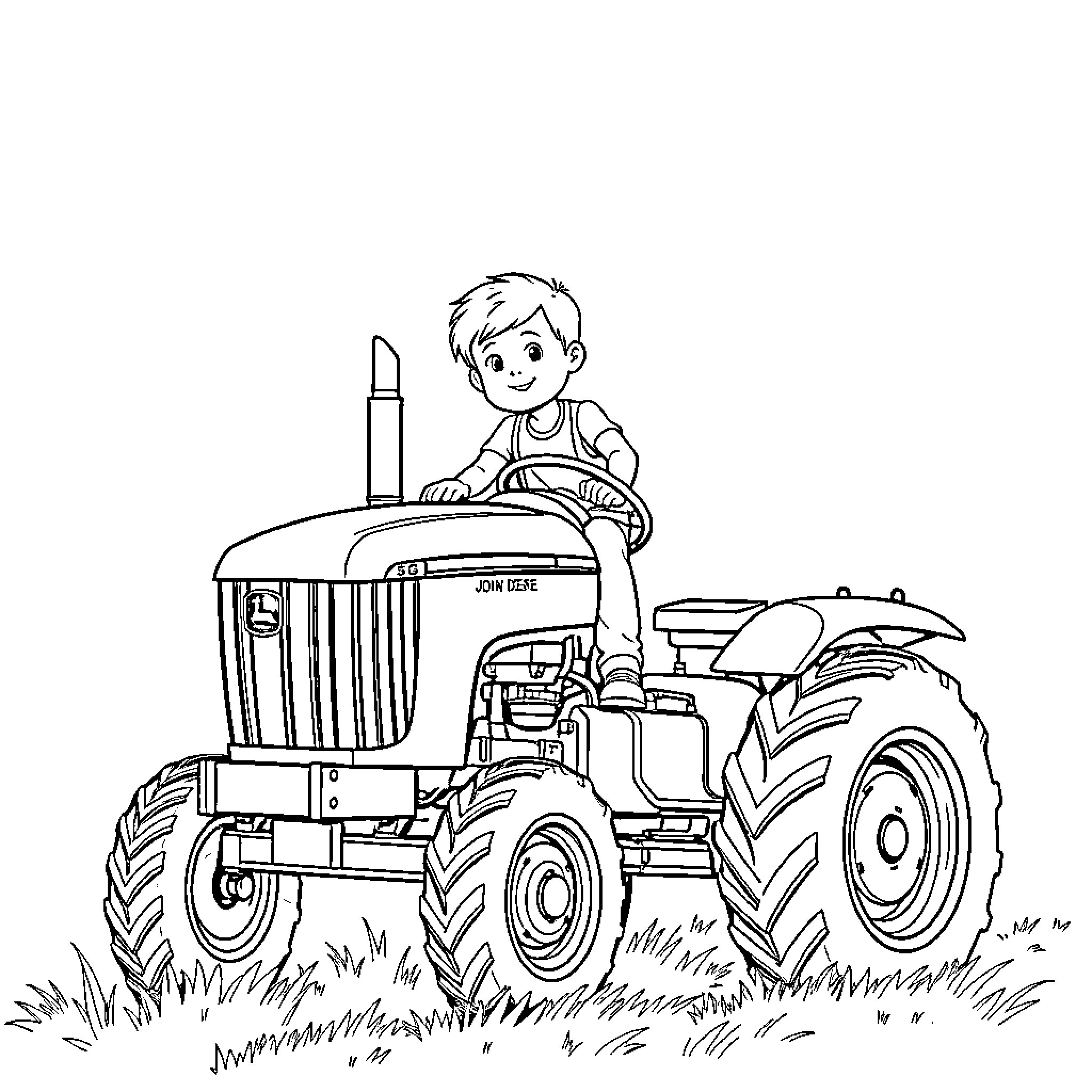 Boy driving a tractor on the farm Coloring Page (free black-and-white line drawing printable PDF for all, from beginners to advanced learners, including children, teens, adults, and seniors)