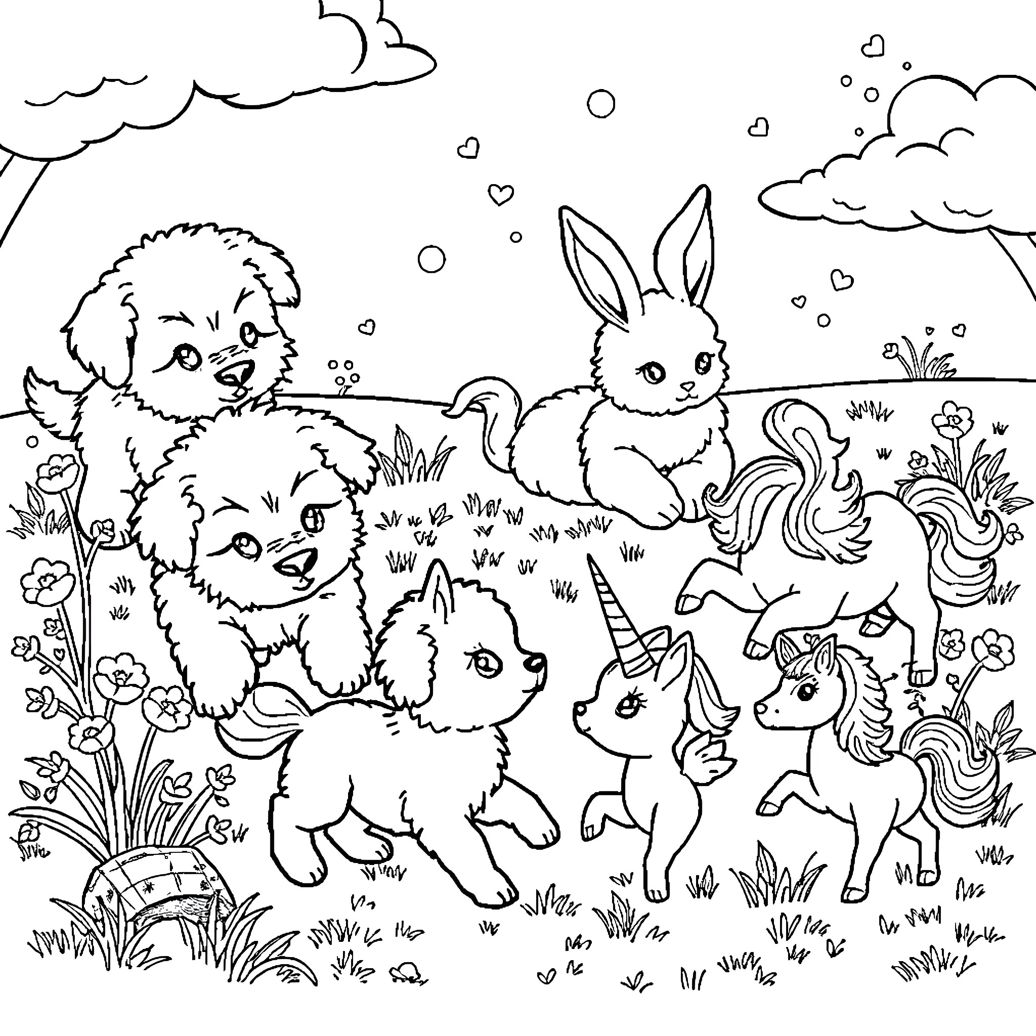 Puppy and Friends in a Whimsical Outdoor Scene Coloring Page (free black-and-white line drawing printable PDF for all, from beginners to advanced learners, including children, teens, adults, and seniors)
