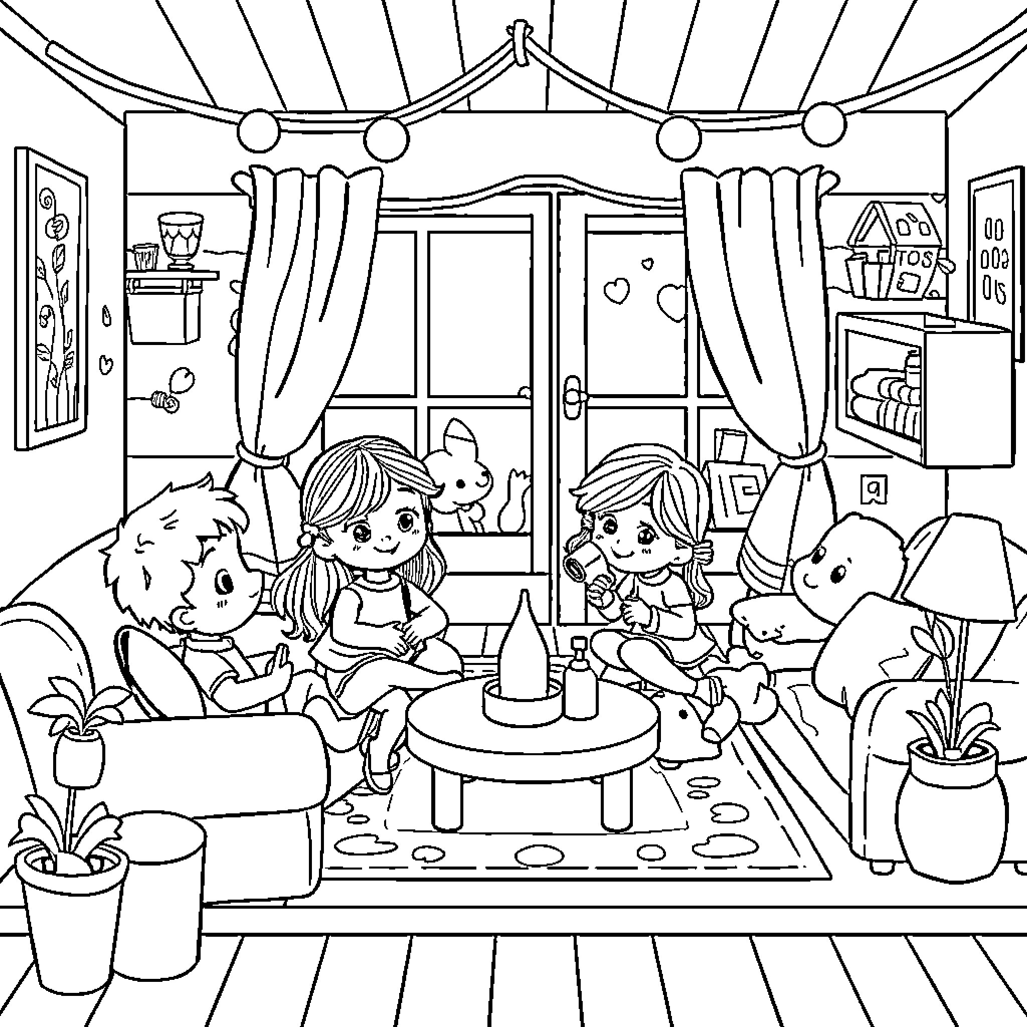 Dollhouse: Children Playing and Exploring Indoors Coloring Page (free black-and-white line drawing printable PDF for all, from beginners to advanced learners, including children, teens, adults, and seniors)
