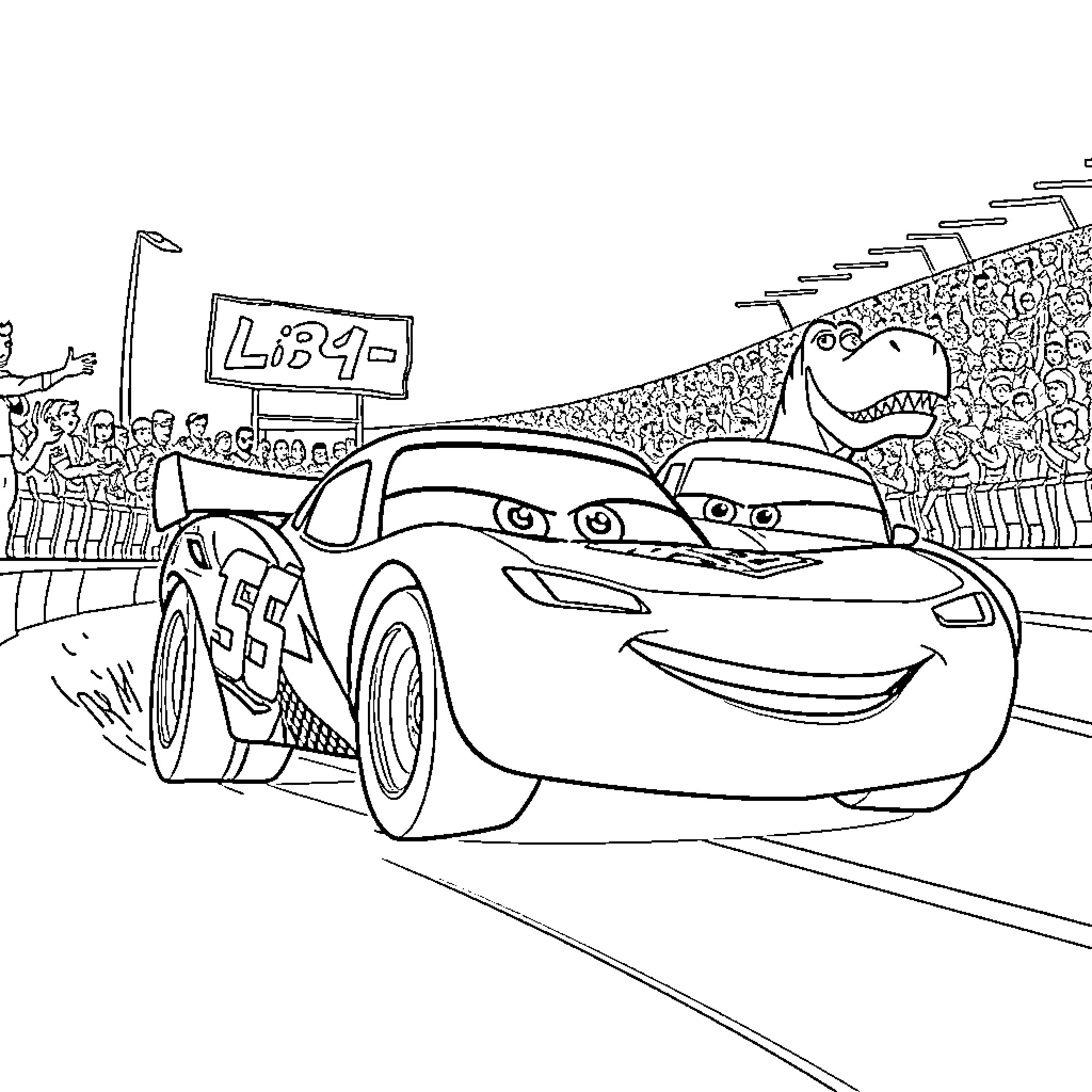 Rayo McQueen racing on the track with a crowd Coloring Page (free black-and-white line drawing printable PDF for all, from beginners to advanced learners, including children, teens, adults, and seniors)
