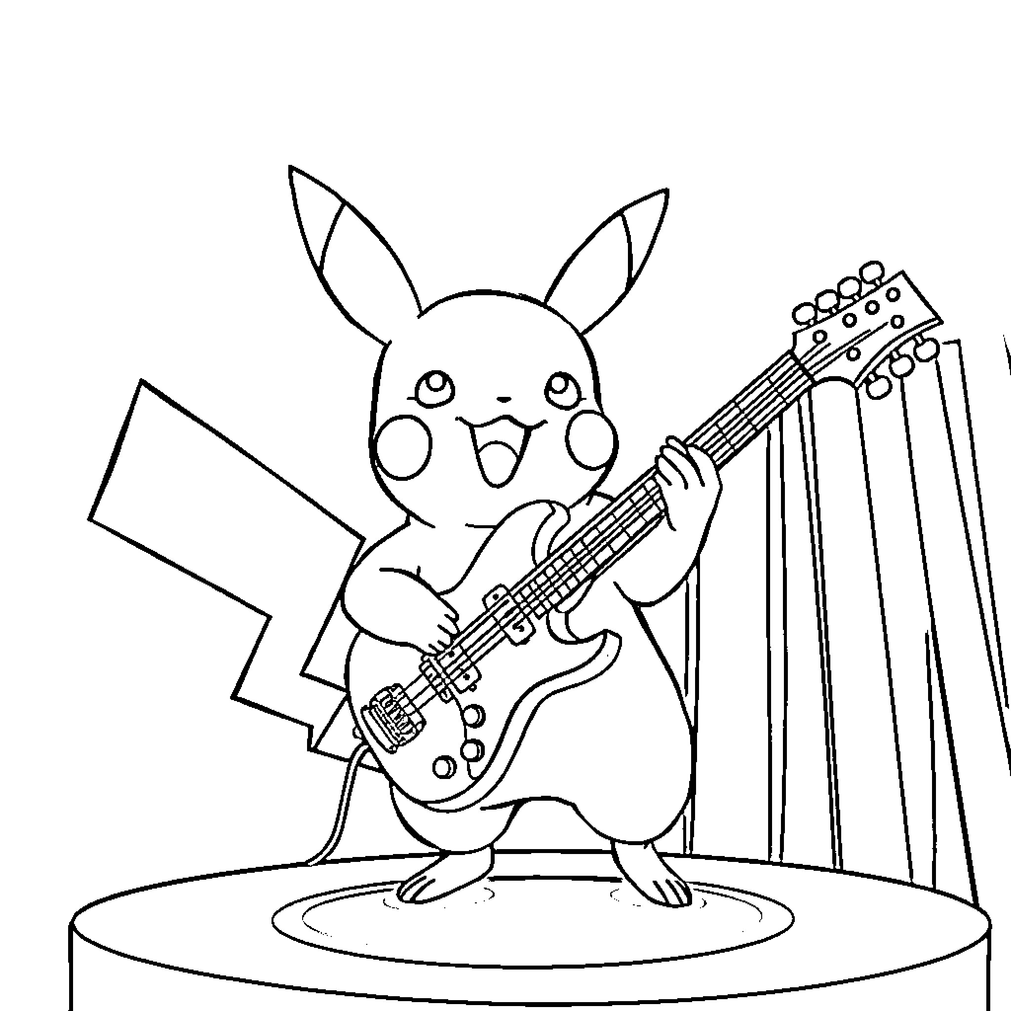 Pikachu playing electric guitar on stage Coloring Page (free black-and-white line drawing printable PDF for all, from beginners to advanced learners, including children, teens, adults, and seniors)