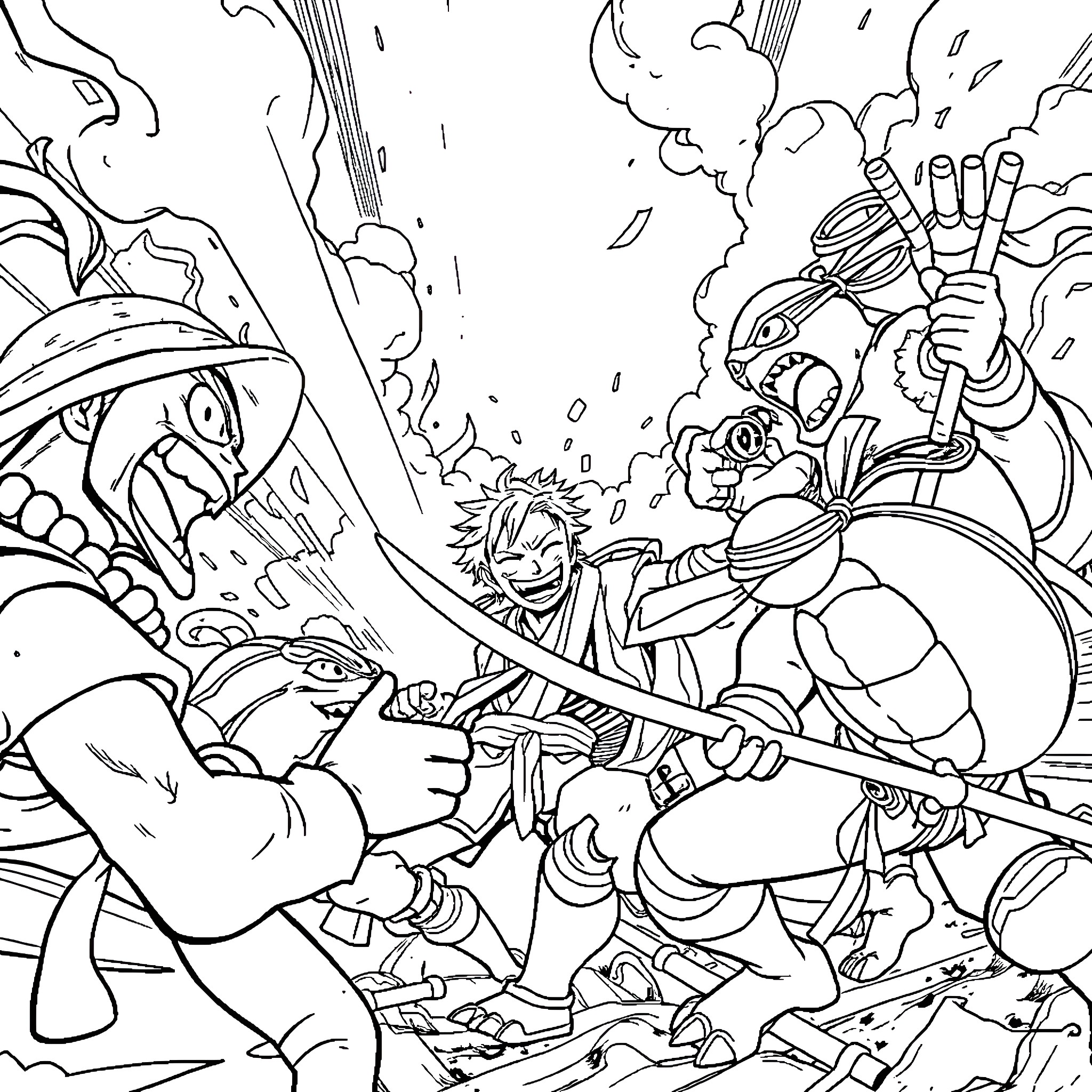 One Piece: Epic Battle of Rival Crews Coloring Page (free black-and-white line drawing printable PDF for all, from beginners to advanced learners, including children, teens, adults, and seniors)