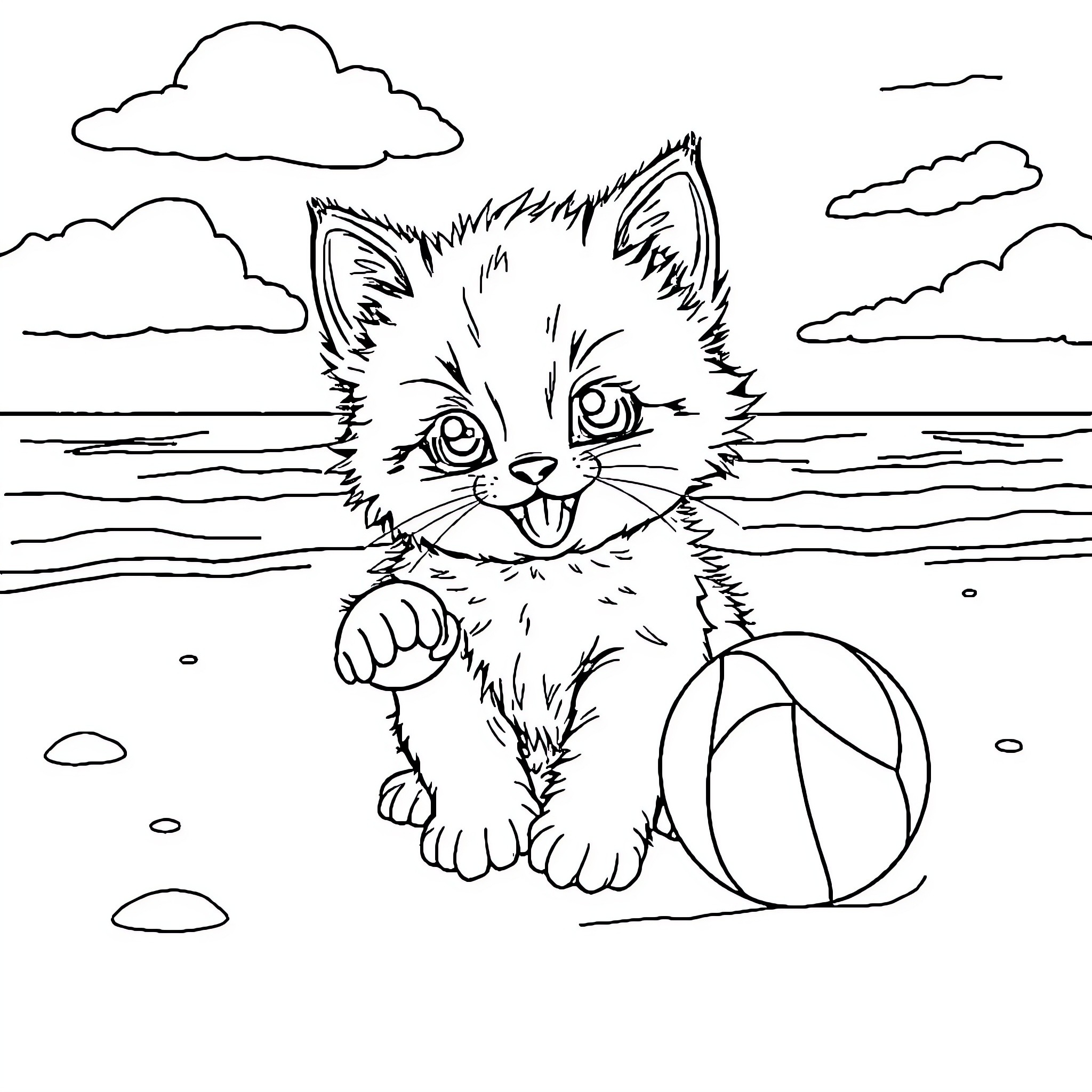 Kitten playing happily with beach ball by the shore Coloring Page (free black-and-white line drawing printable PDF for all, from beginners to advanced learners, including children, teens, adults, and seniors)