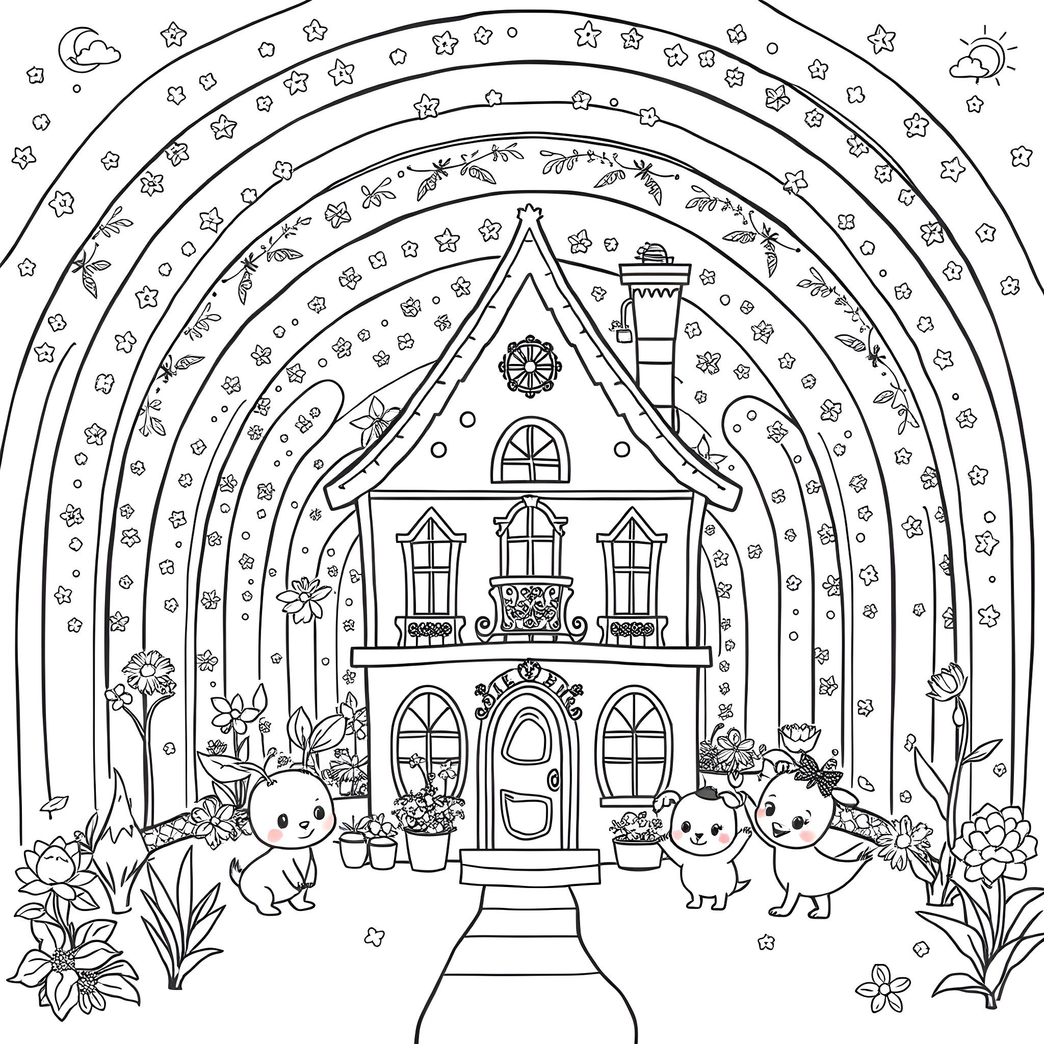 Dollhouse with Cute Animals in Enchanted Forest Coloring Page (free black-and-white line drawing printable PDF for all, from beginners to advanced learners, including children, teens, adults, and seniors)