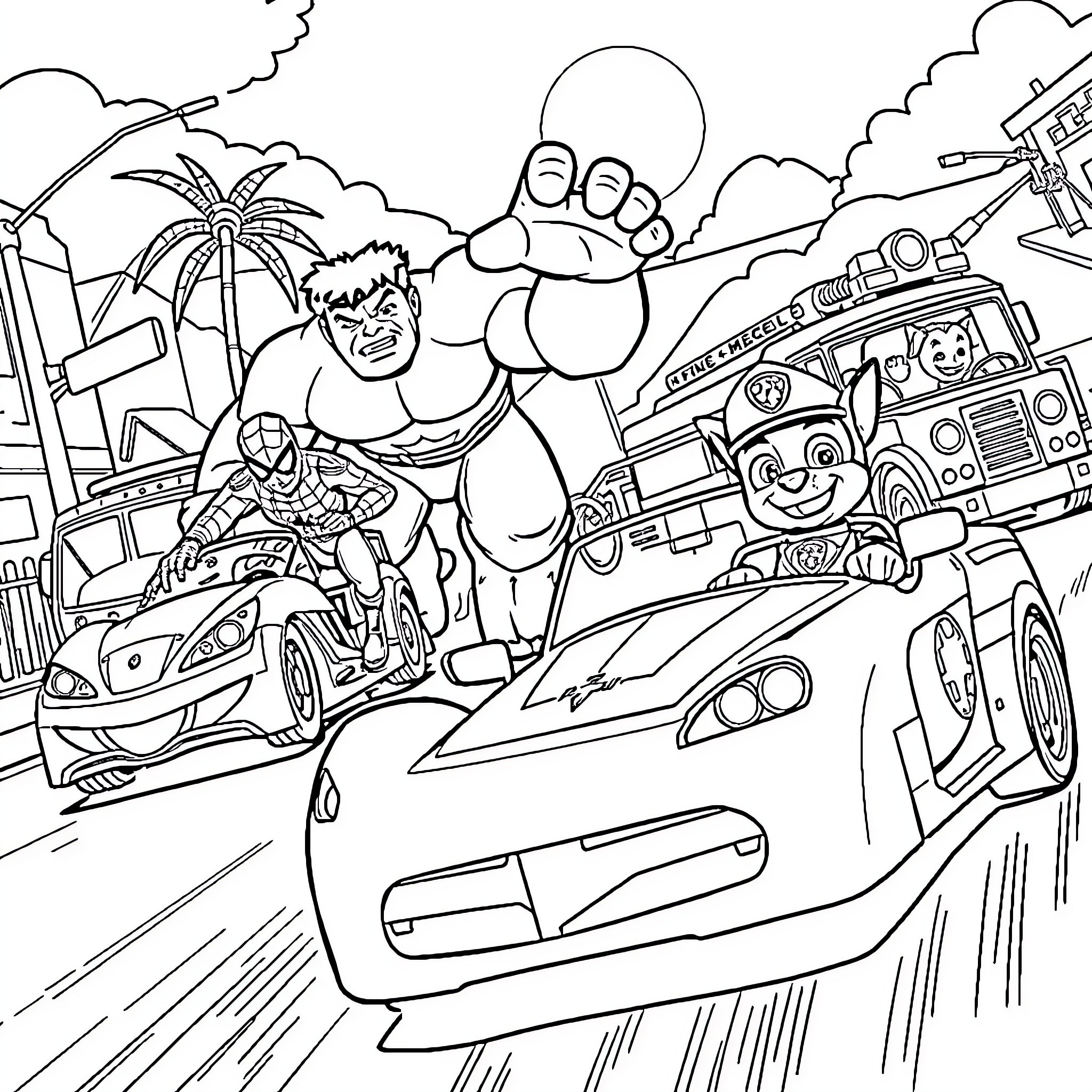 Spider-Man Saves the Day with Heroic Actions Coloring Page (free black-and-white line drawing printable PDF for all, from beginners to advanced learners, including children, teens, adults, and seniors)