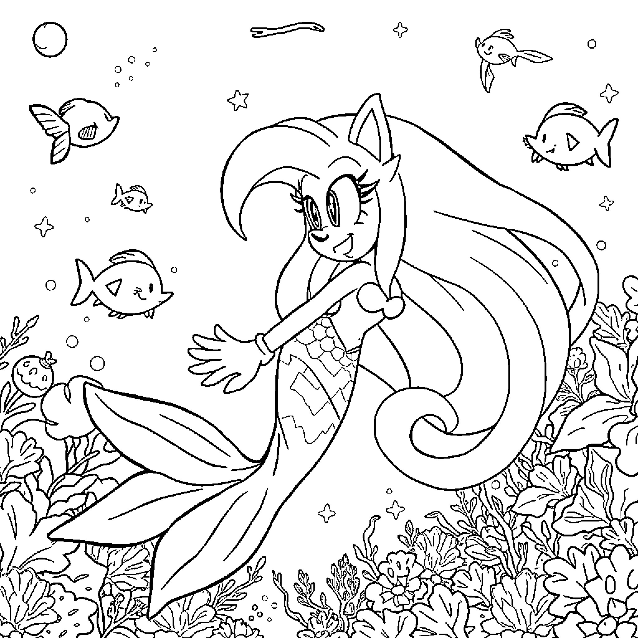 Mermaid exploring the underwater world with sea creatures Coloring Page (free black-and-white line drawing printable PDF for all, from beginners to advanced learners, including children, teens, adults, and seniors)
