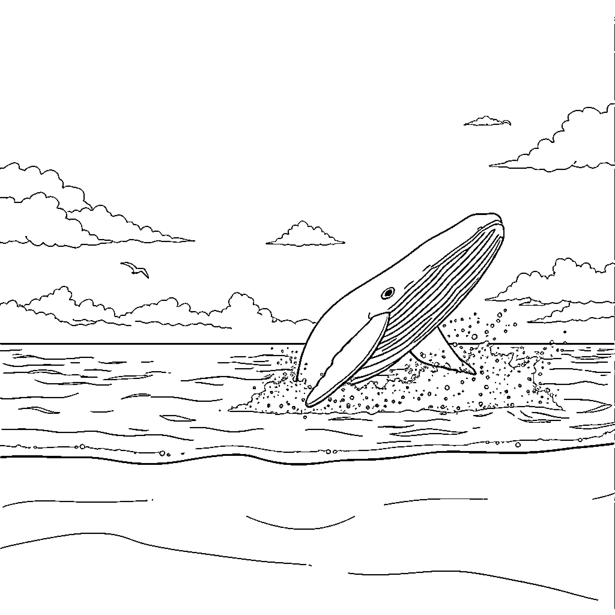 Whale breaching the ocean waves Coloring Page (free black-and-white line drawing printable PDF for all, from beginners to advanced learners, including children, teens, adults, and seniors)
