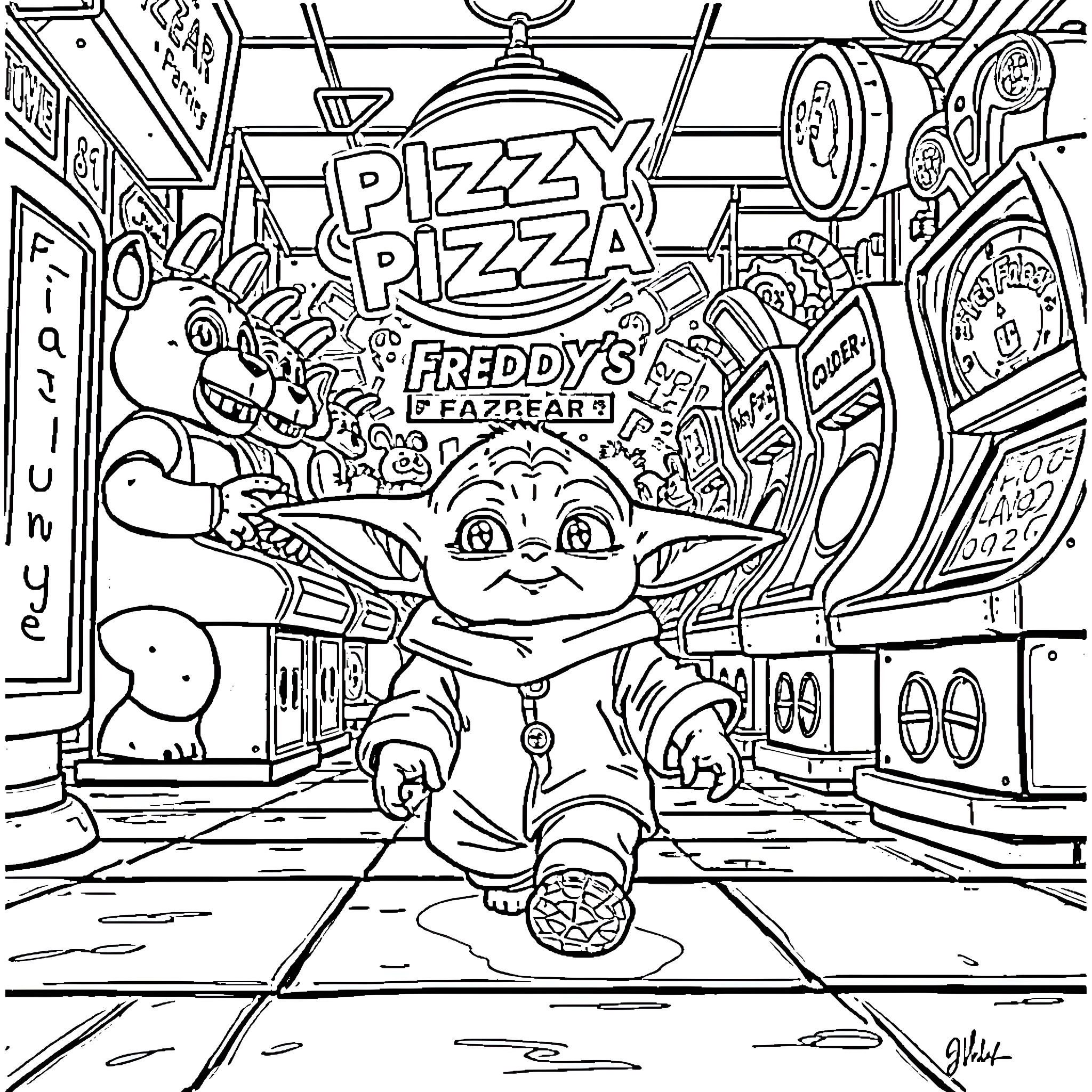 Baby Yoda exploring a vibrant pizza restaurant Coloring Page (free black-and-white line drawing printable PDF for all, from beginners to advanced learners, including children, teens, adults, and seniors)