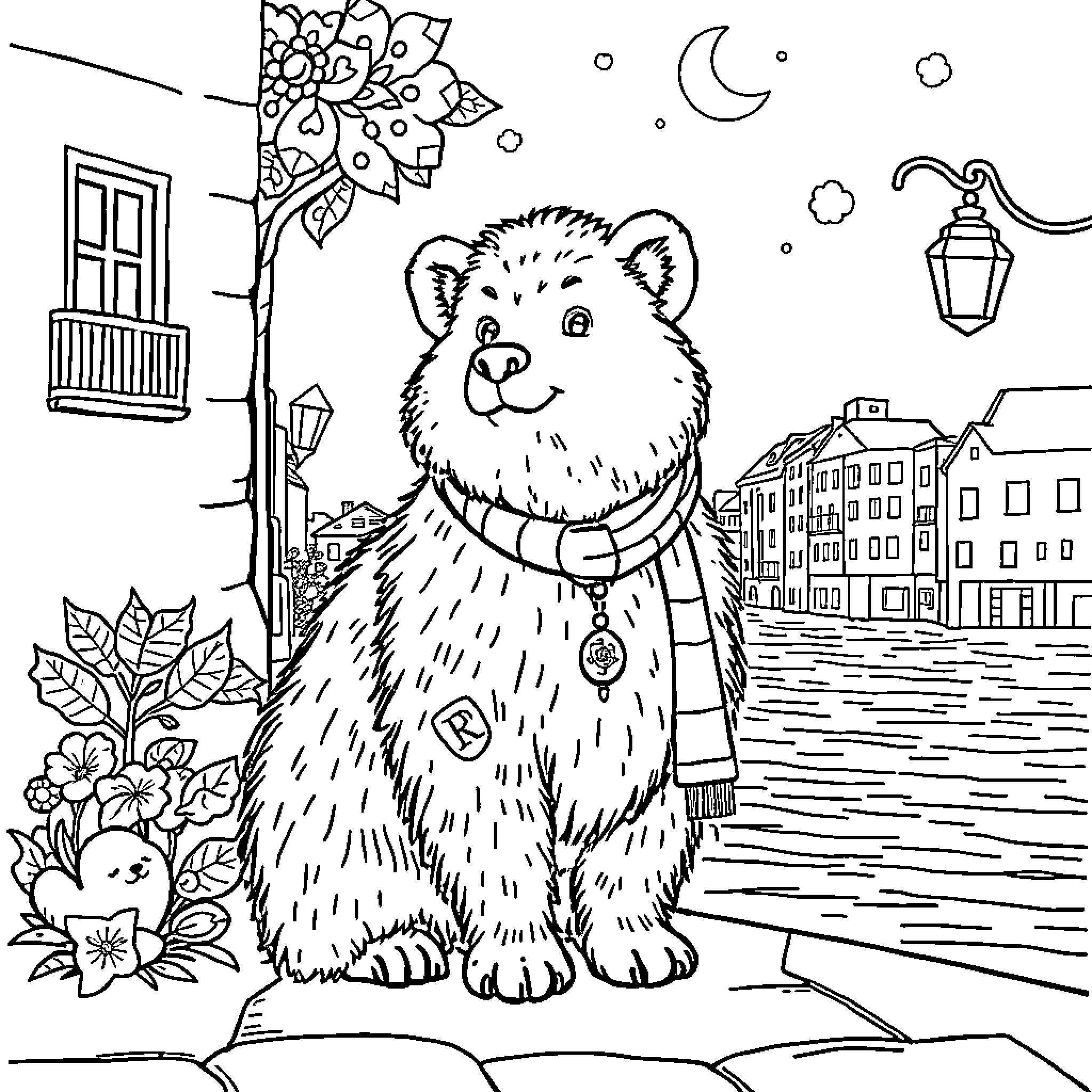 Păpușă teddy bear enjoying a cozy night by the city Coloring Page (free black-and-white line drawing printable PDF for all, from beginners to advanced learners, including children, teens, adults, and seniors)