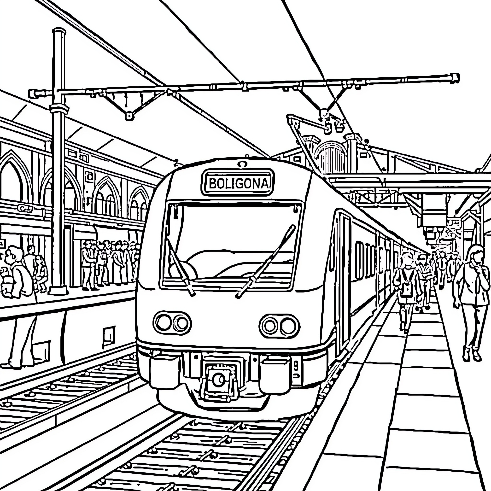 Train arriving at platform with passengers Coloring Page (free black-and-white line drawing printable PDF for all, from beginners to advanced learners, including children, teens, adults, and seniors)