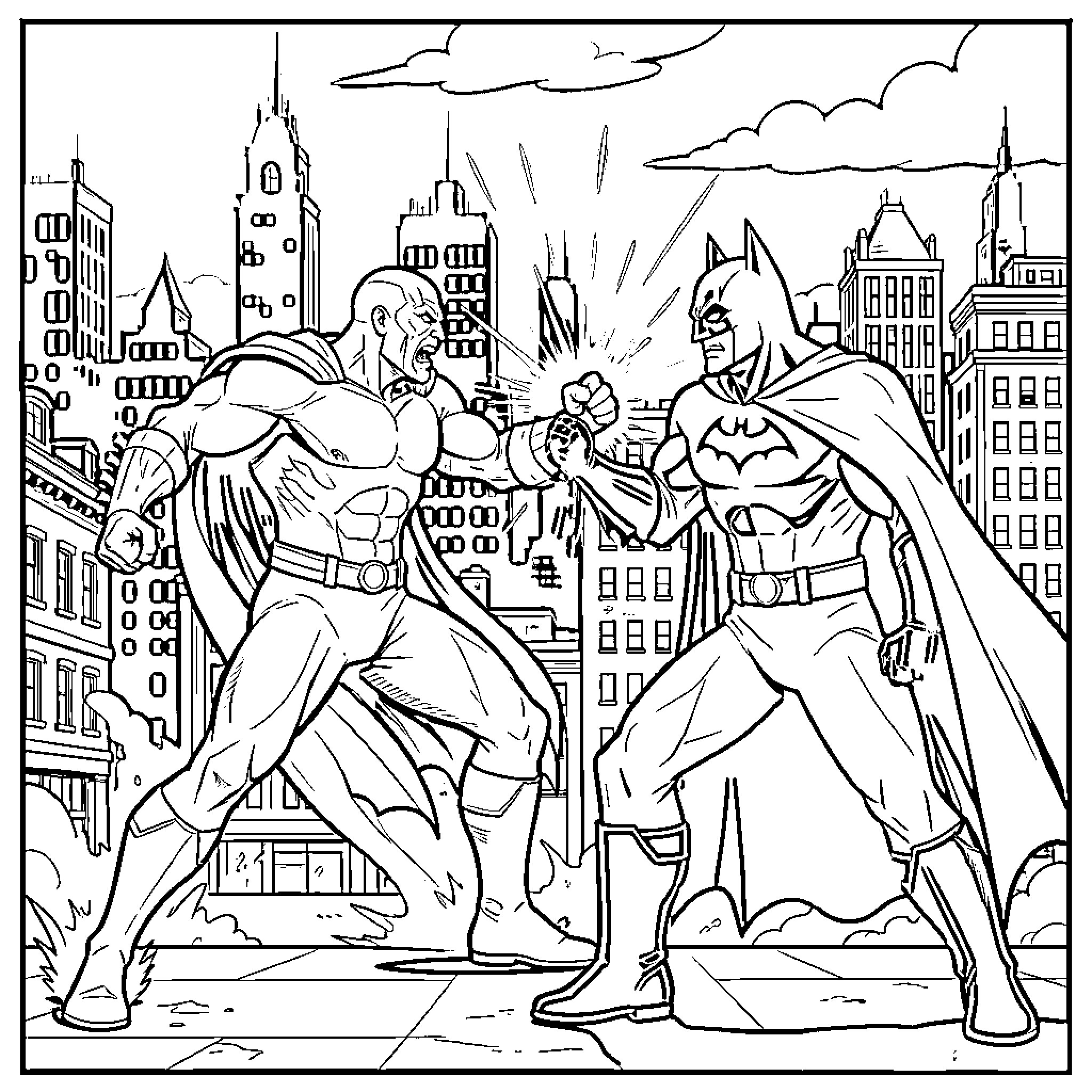 Omni Man and Batman in an epic confrontation Coloring Page (free black-and-white line drawing printable PDF for all, from beginners to advanced learners, including children, teens, adults, and seniors)