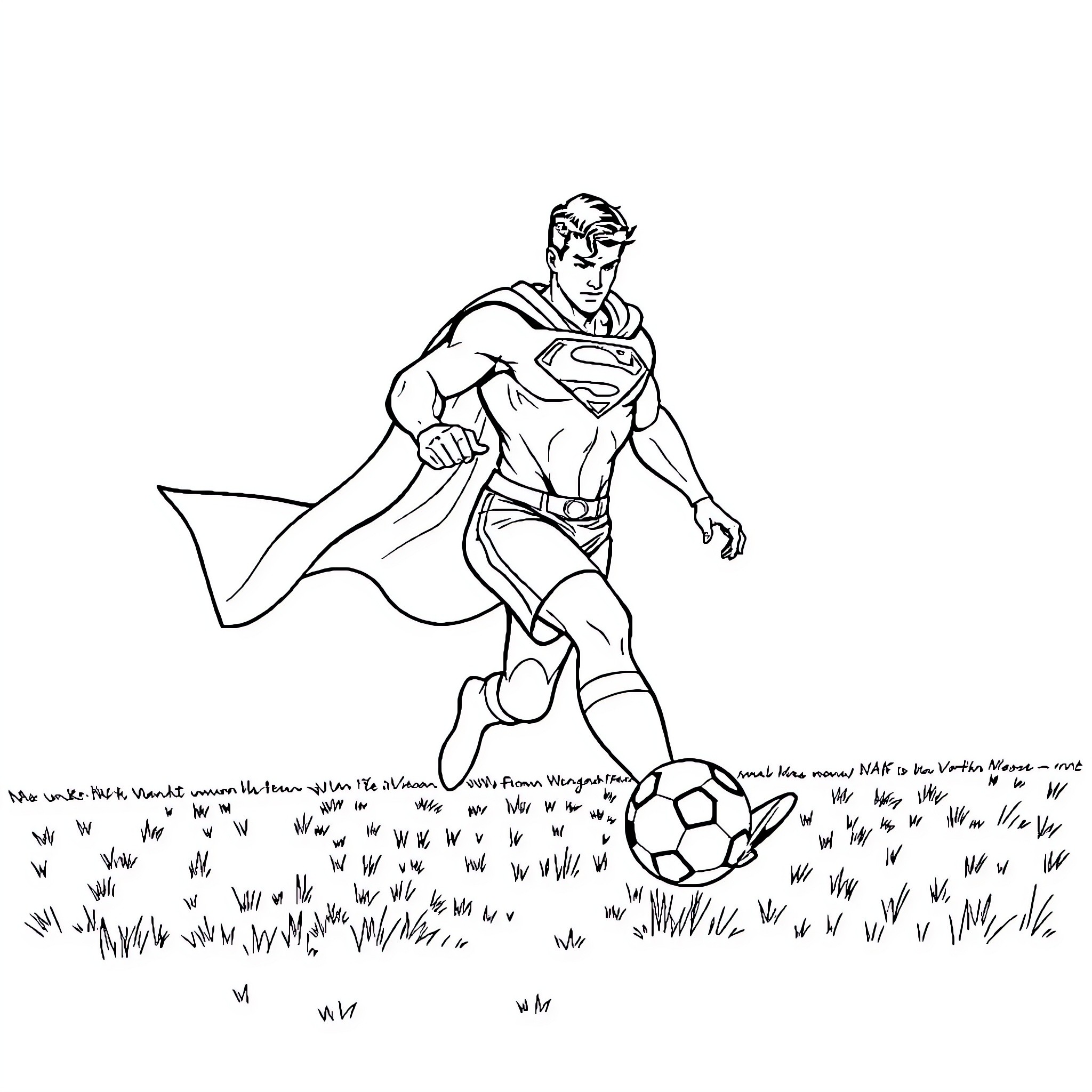 Superman playing soccer on grassy field Coloring Page (free black-and-white line drawing printable PDF for all, from beginners to advanced learners, including children, teens, adults, and seniors)