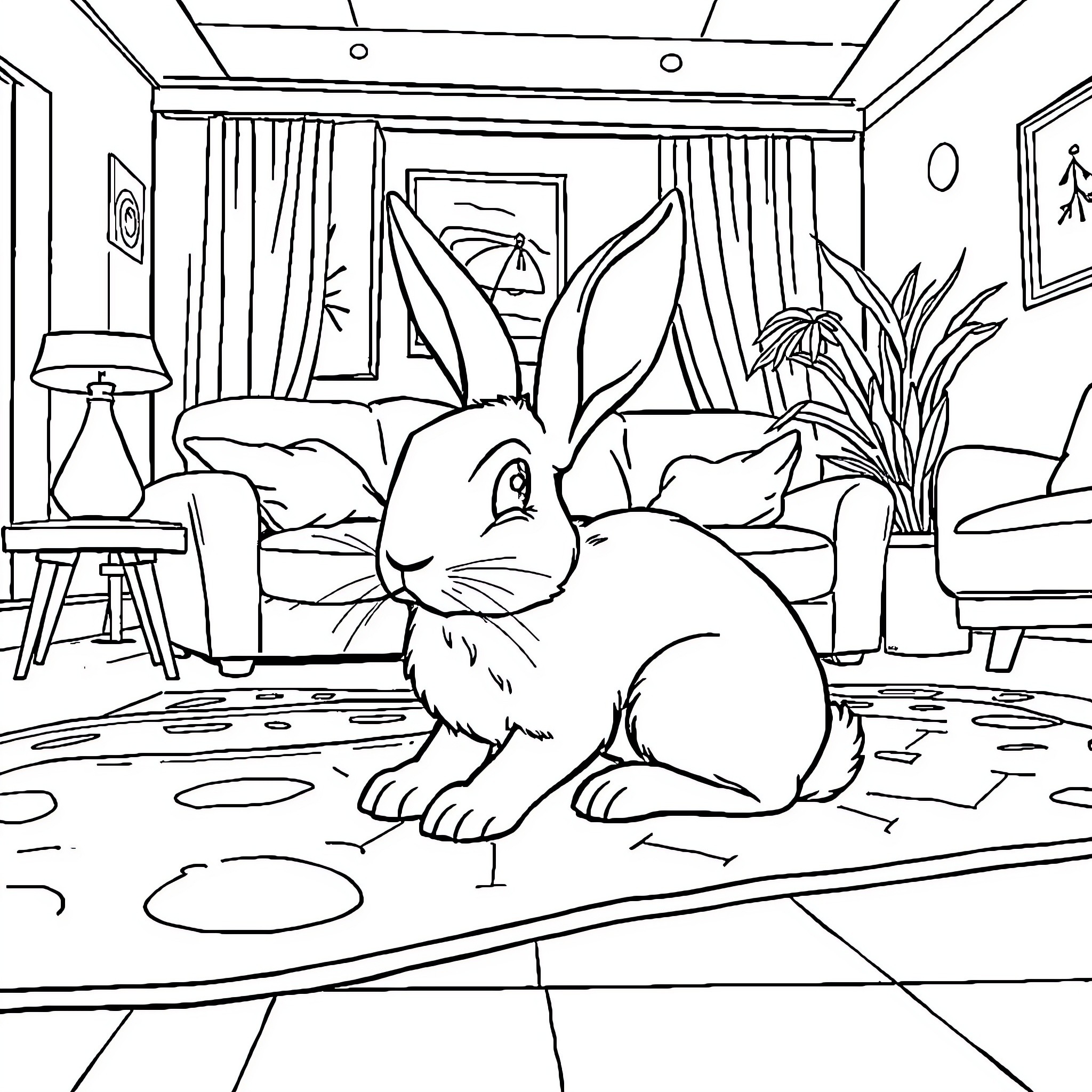 Rabbit relaxing in cozy indoor setting Coloring Page (free black-and-white line drawing printable PDF for all, from beginners to advanced learners, including children, teens, adults, and seniors)