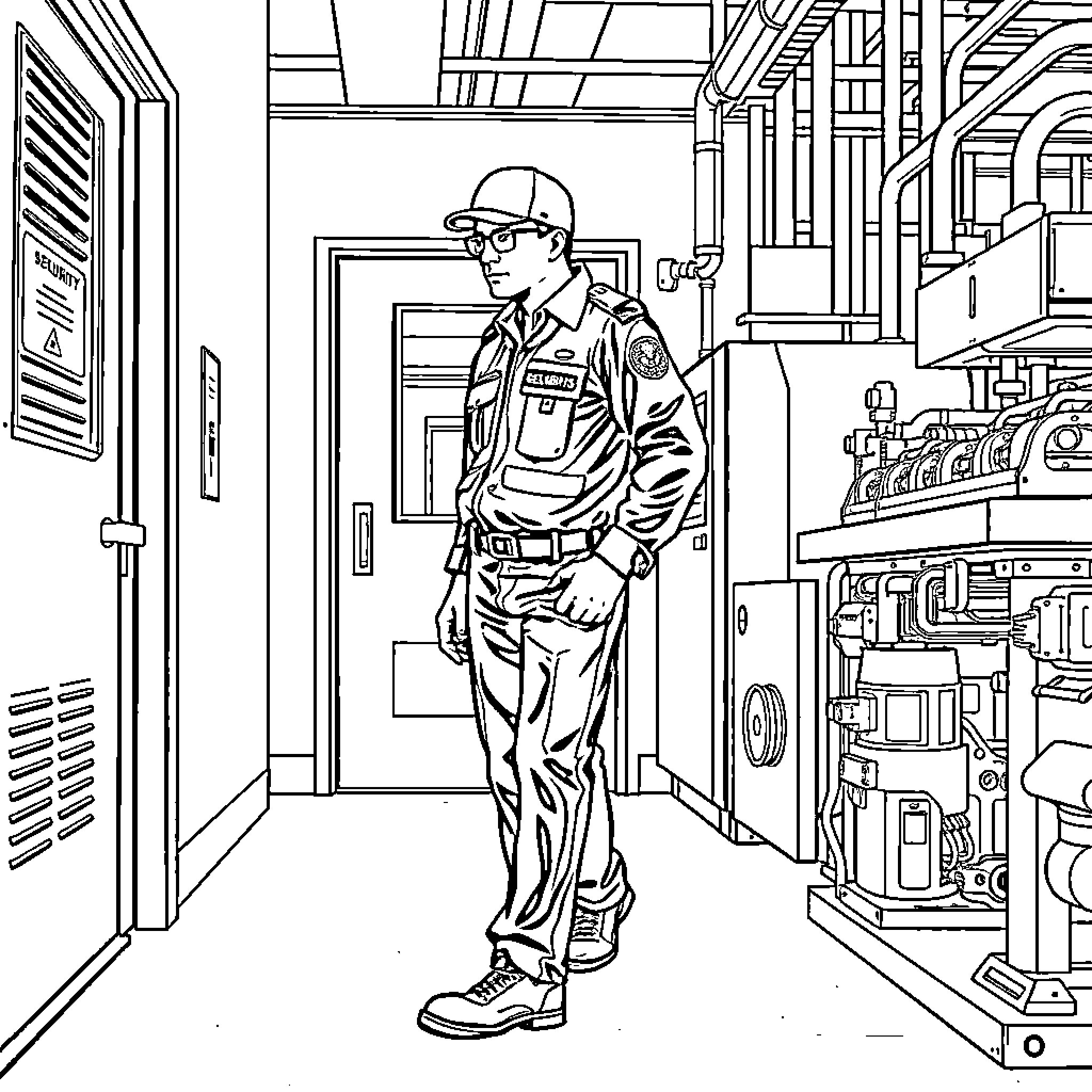 Officer on Duty in Technical Workspace Coloring Page (free black-and-white line drawing printable PDF for all, from beginners to advanced learners, including children, teens, adults, and seniors)