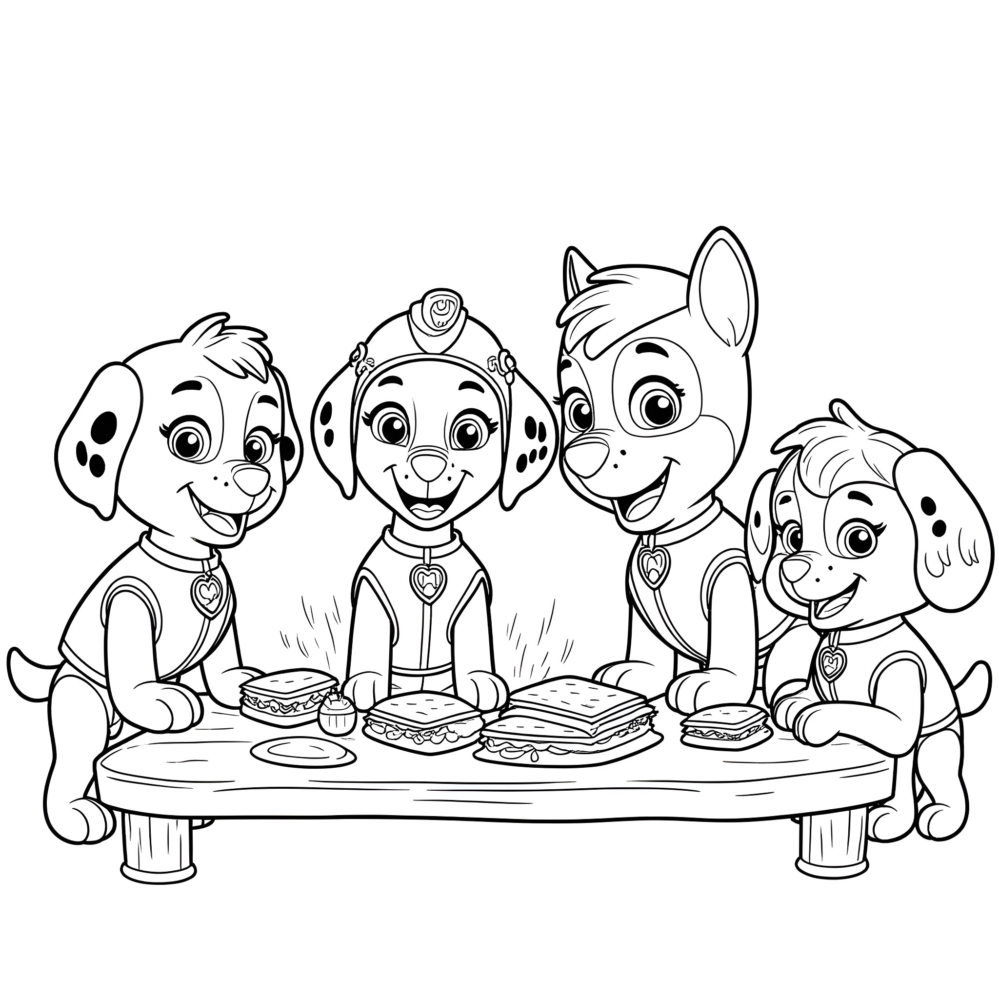 Paw Patrol Friends Enjoying a Meal Together Coloring Page (free black-and-white line drawing printable PDF for all, from beginners to advanced learners, including children, teens, adults, and seniors)