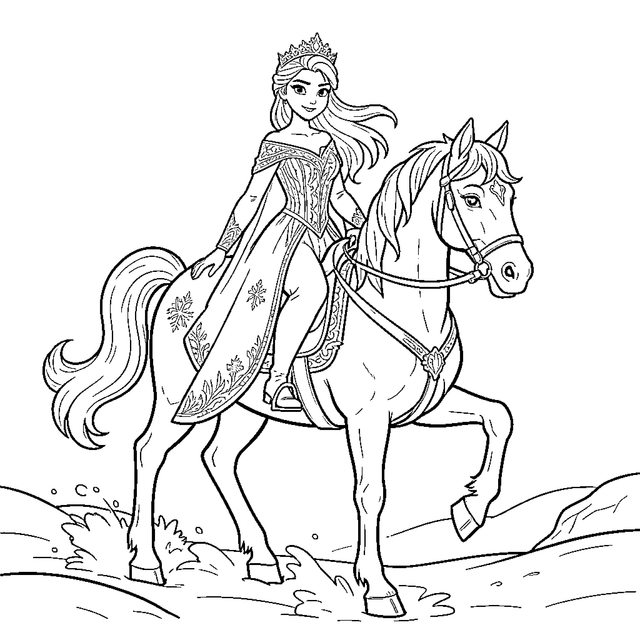 Elsa riding a horse in a royal outfit Coloring Page (free black-and-white line drawing printable PDF for all, from beginners to advanced learners, including children, teens, adults, and seniors)
