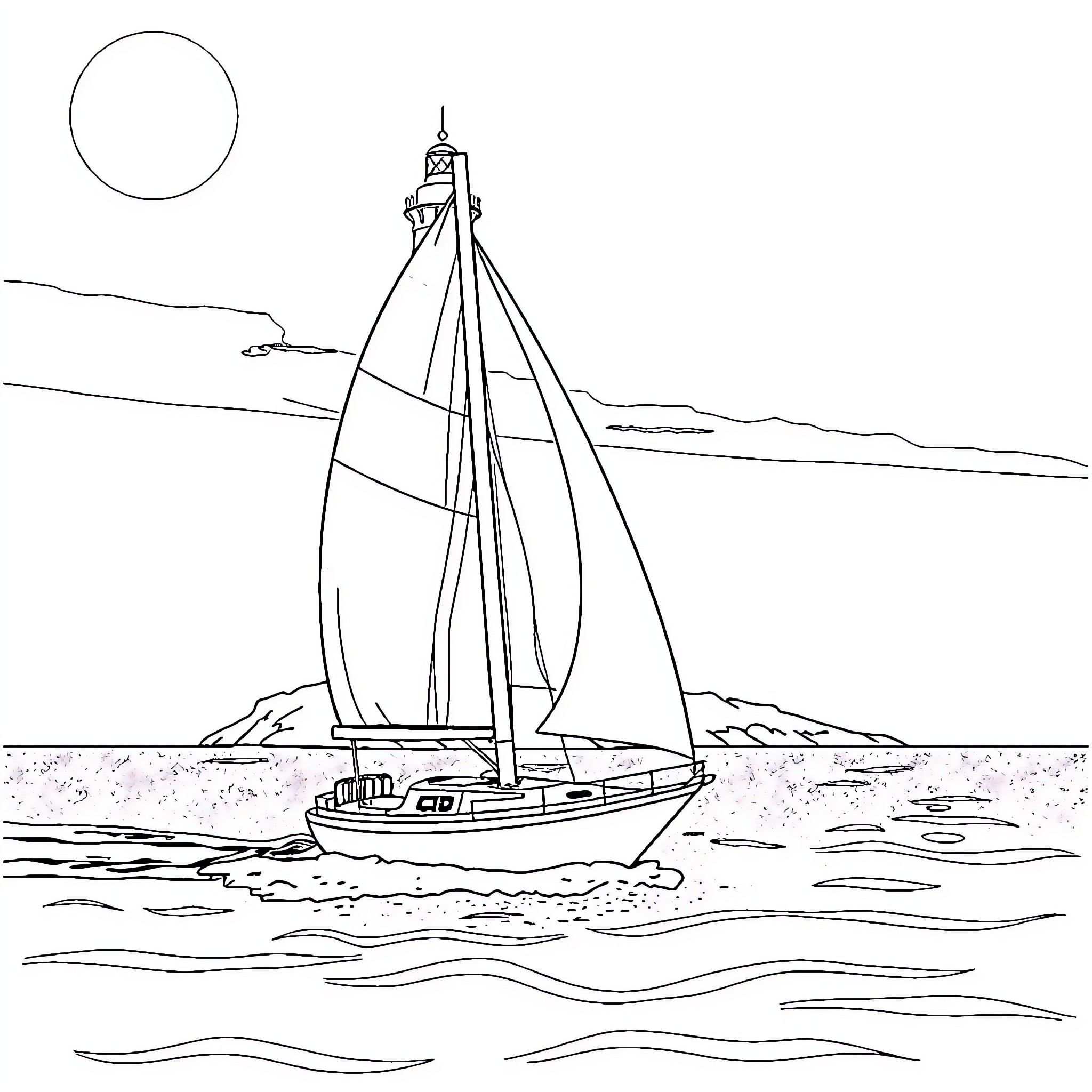 Sailboat sailing on the open waters Coloring Page (free black-and-white line drawing printable PDF for all, from beginners to advanced learners, including children, teens, adults, and seniors)