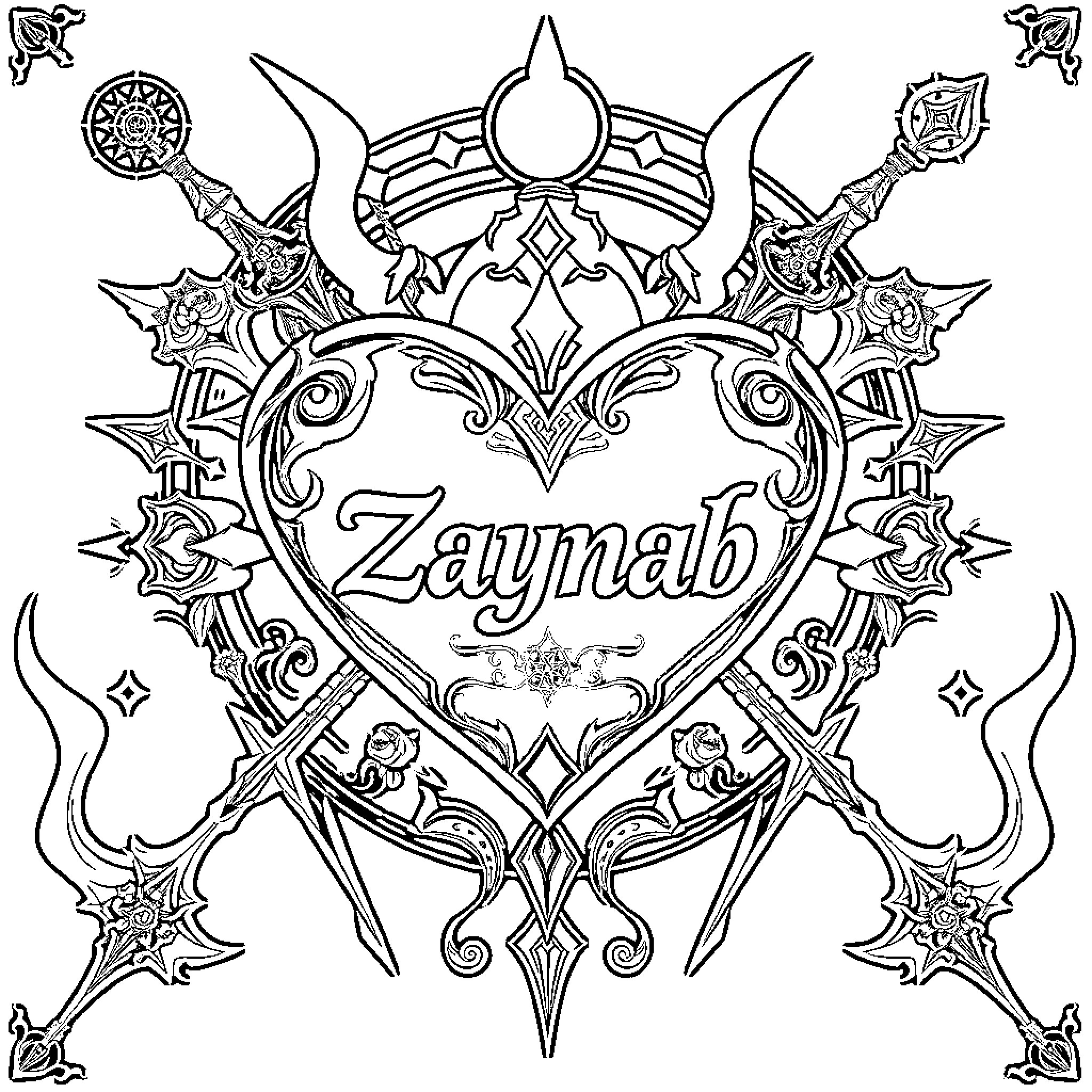 Heart-shaped ornamental design with name Zaynab Coloring Page (free black-and-white line drawing printable PDF for all, from beginners to advanced learners, including children, teens, adults, and seniors)