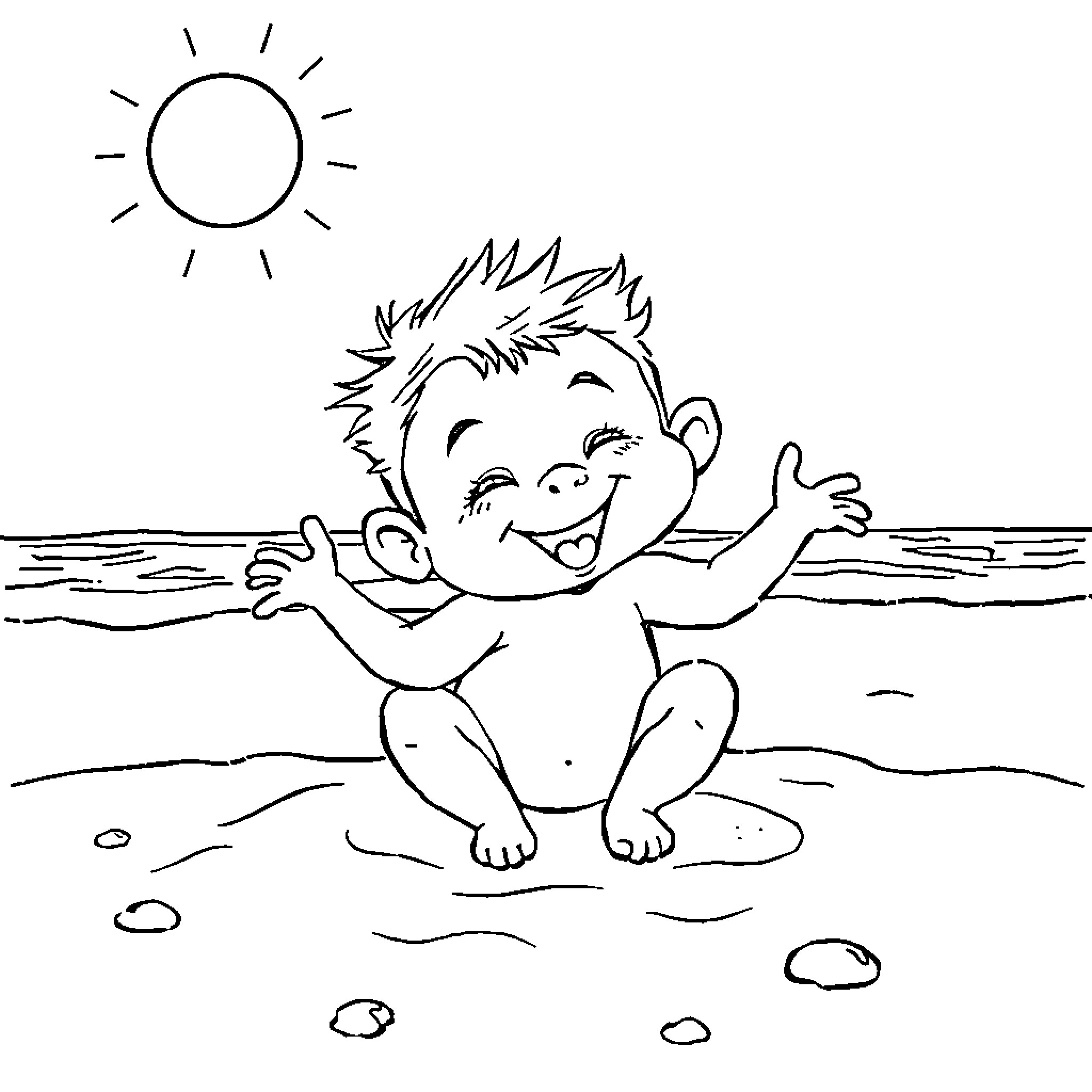 Midget playing joyfully in the sun-filled lake Coloring Page (free black-and-white line drawing printable PDF for all, from beginners to advanced learners, including children, teens, adults, and seniors)