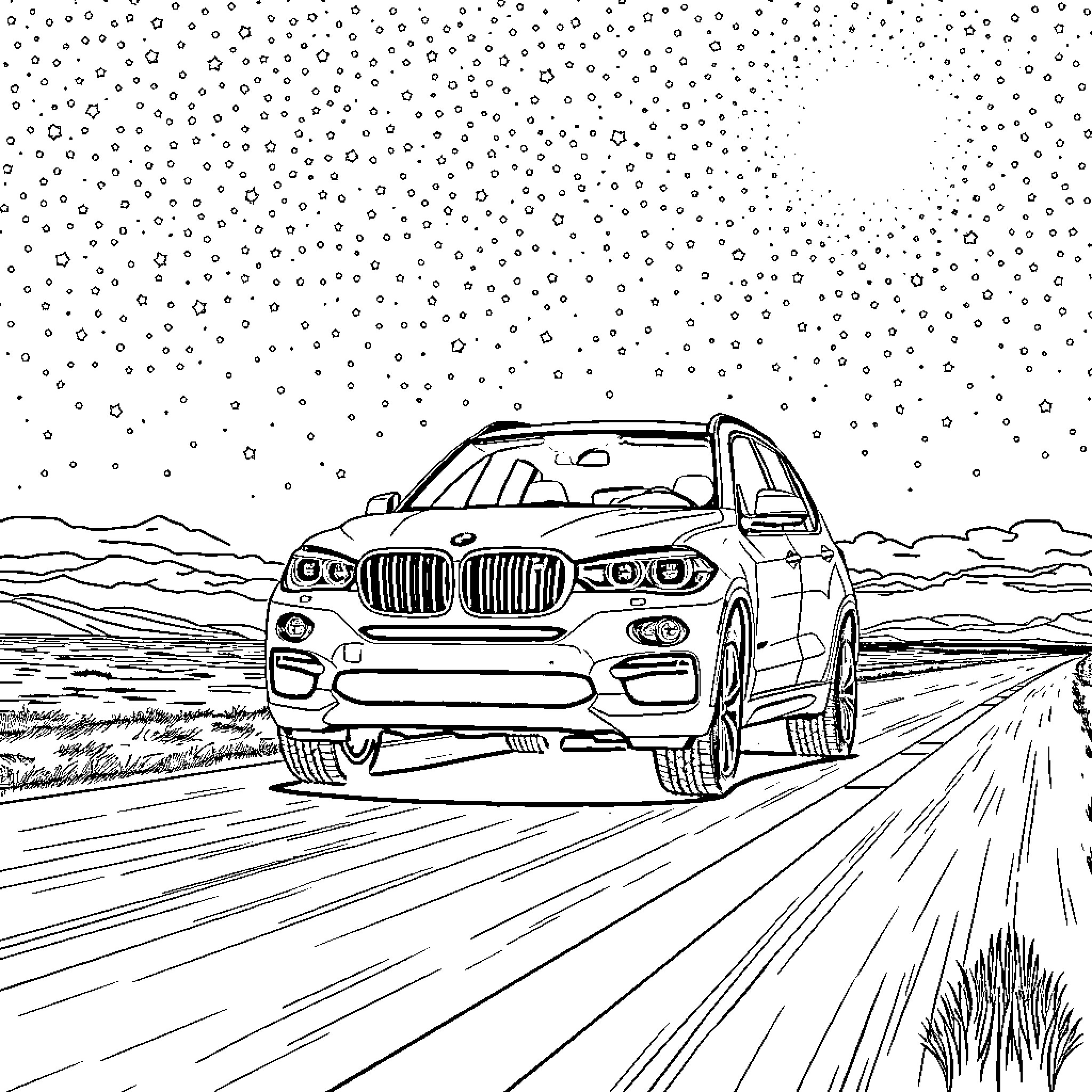BMW X5 speeding on a desert road Coloring Page (free black-and-white line drawing printable PDF for all, from beginners to advanced learners, including children, teens, adults, and seniors)