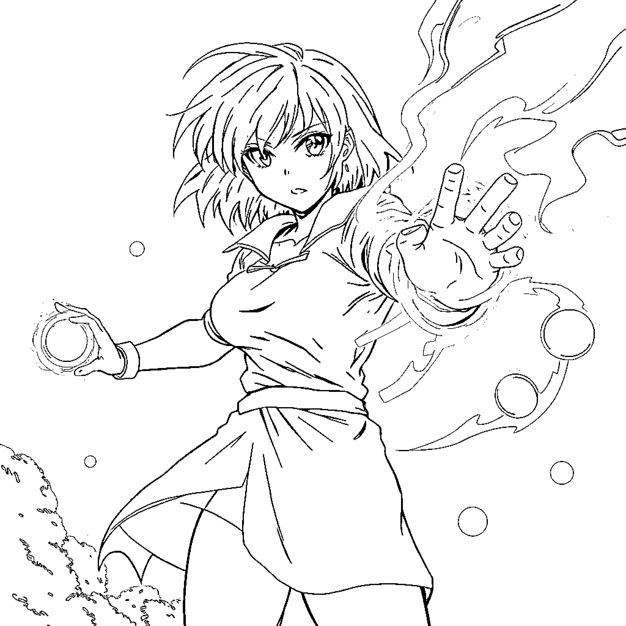 Anime Woman casting a magical spell Coloring Page (free black-and-white line drawing printable PDF for all, from beginners to advanced learners, including children, teens, adults, and seniors)