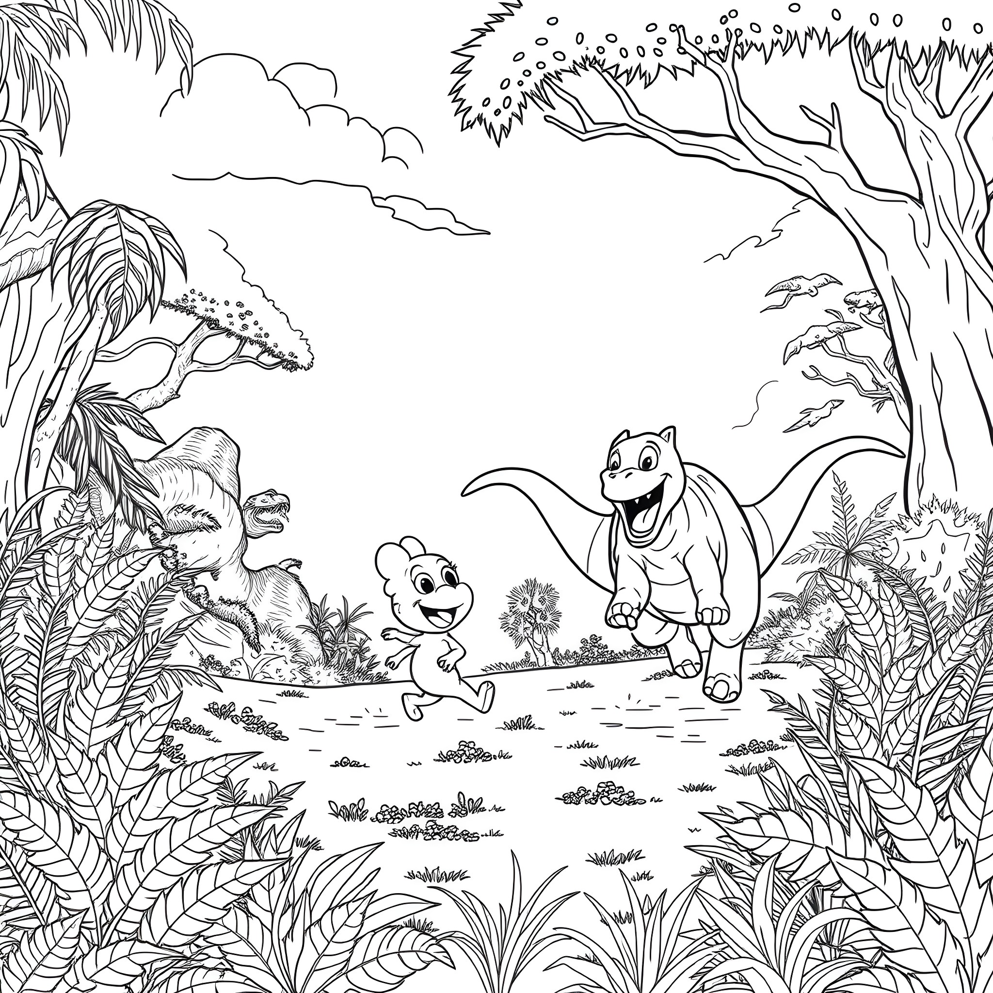 Bluey playing joyfully in the vibrant jungle Coloring Page (free black-and-white line drawing printable PDF for all, from beginners to advanced learners, including children, teens, adults, and seniors)