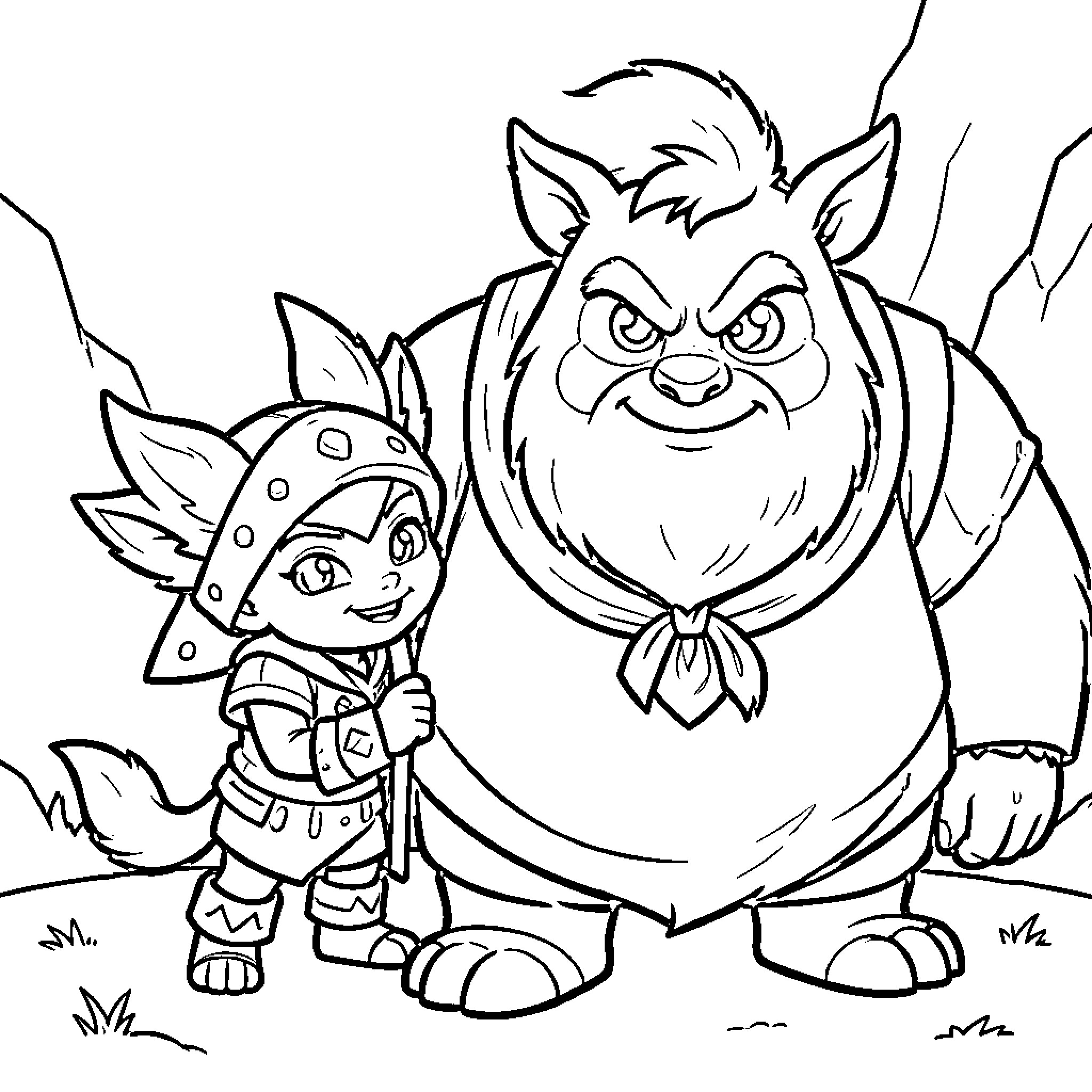 Teemo and his forest companion Coloring Page (free black-and-white line drawing printable PDF for all, from beginners to advanced learners, including children, teens, adults, and seniors)