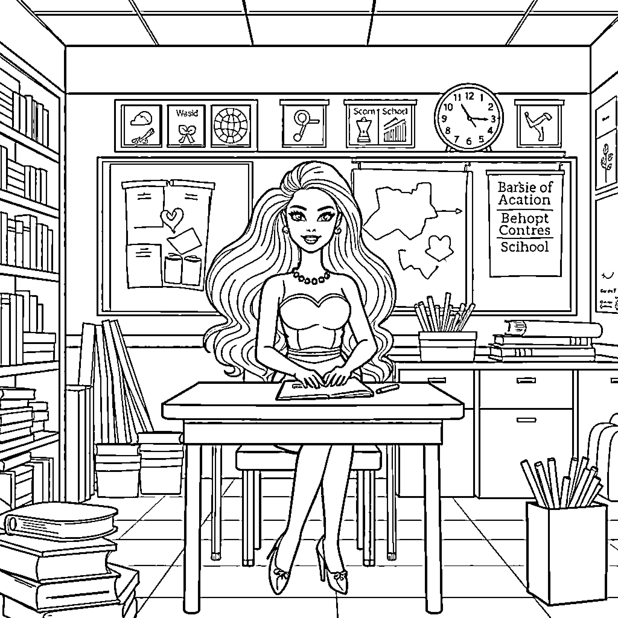 Barbie's Classroom Adventures Coloring Page (free black-and-white line drawing printable PDF for all, from beginners to advanced learners, including children, teens, adults, and seniors)