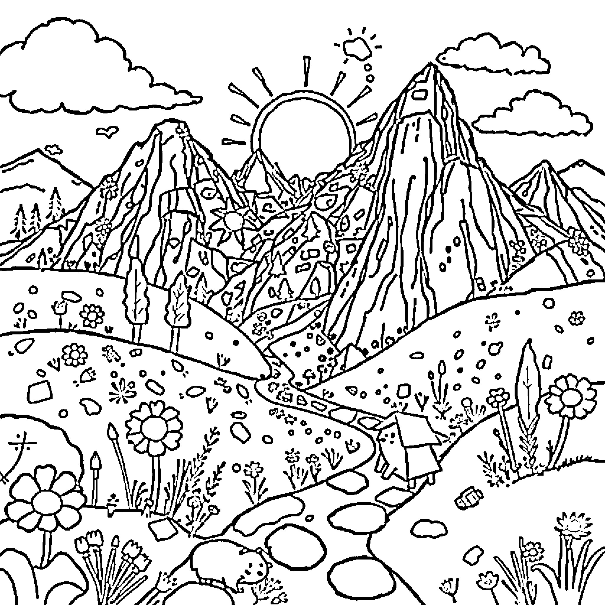 Scrap Mountainous Landscape with Nature Elements Coloring Page (free black-and-white line drawing printable PDF for all, from beginners to advanced learners, including children, teens, adults, and seniors)