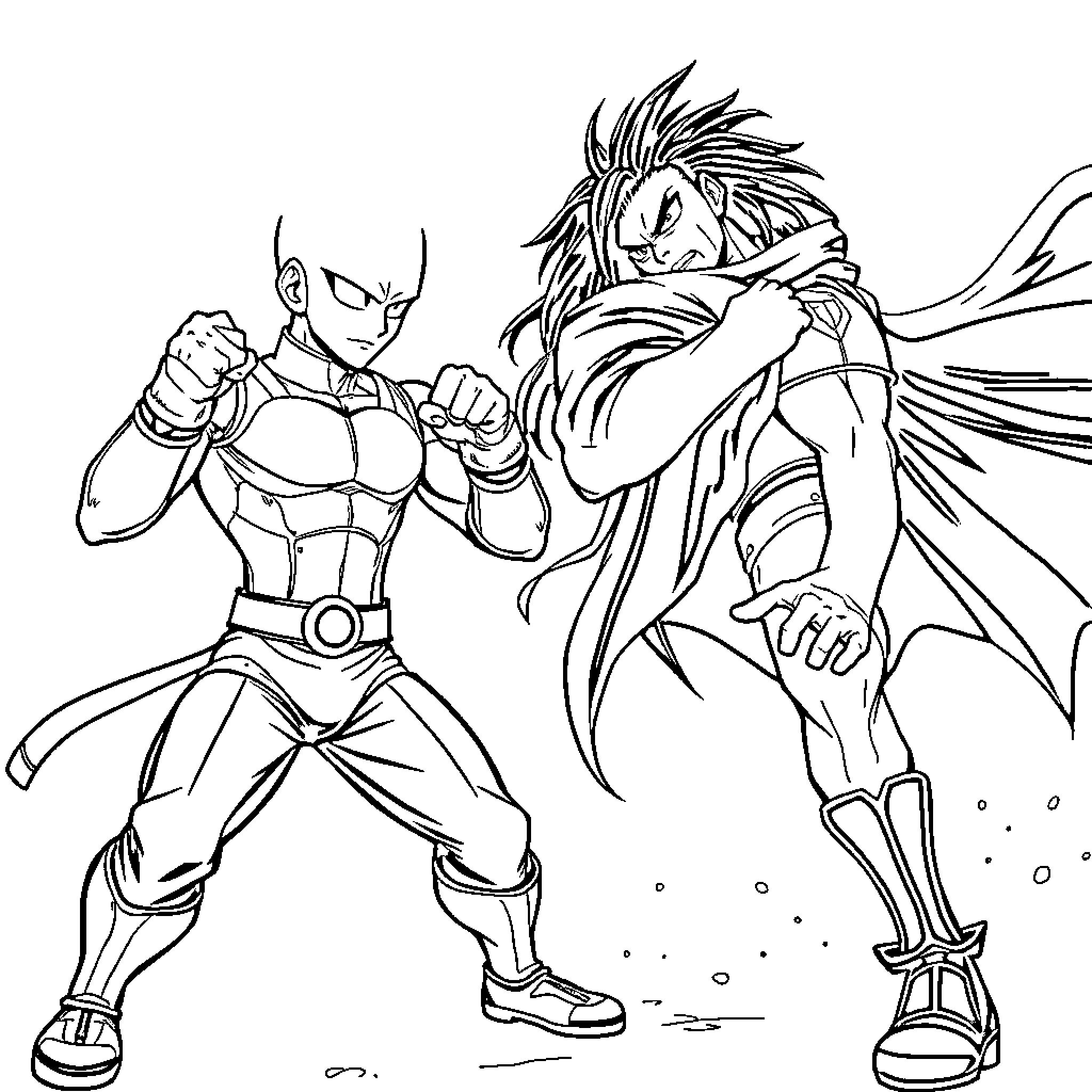 Saitama confronting an intense superhero battle Coloring Page (free black-and-white line drawing printable PDF for all, from beginners to advanced learners, including children, teens, adults, and seniors)