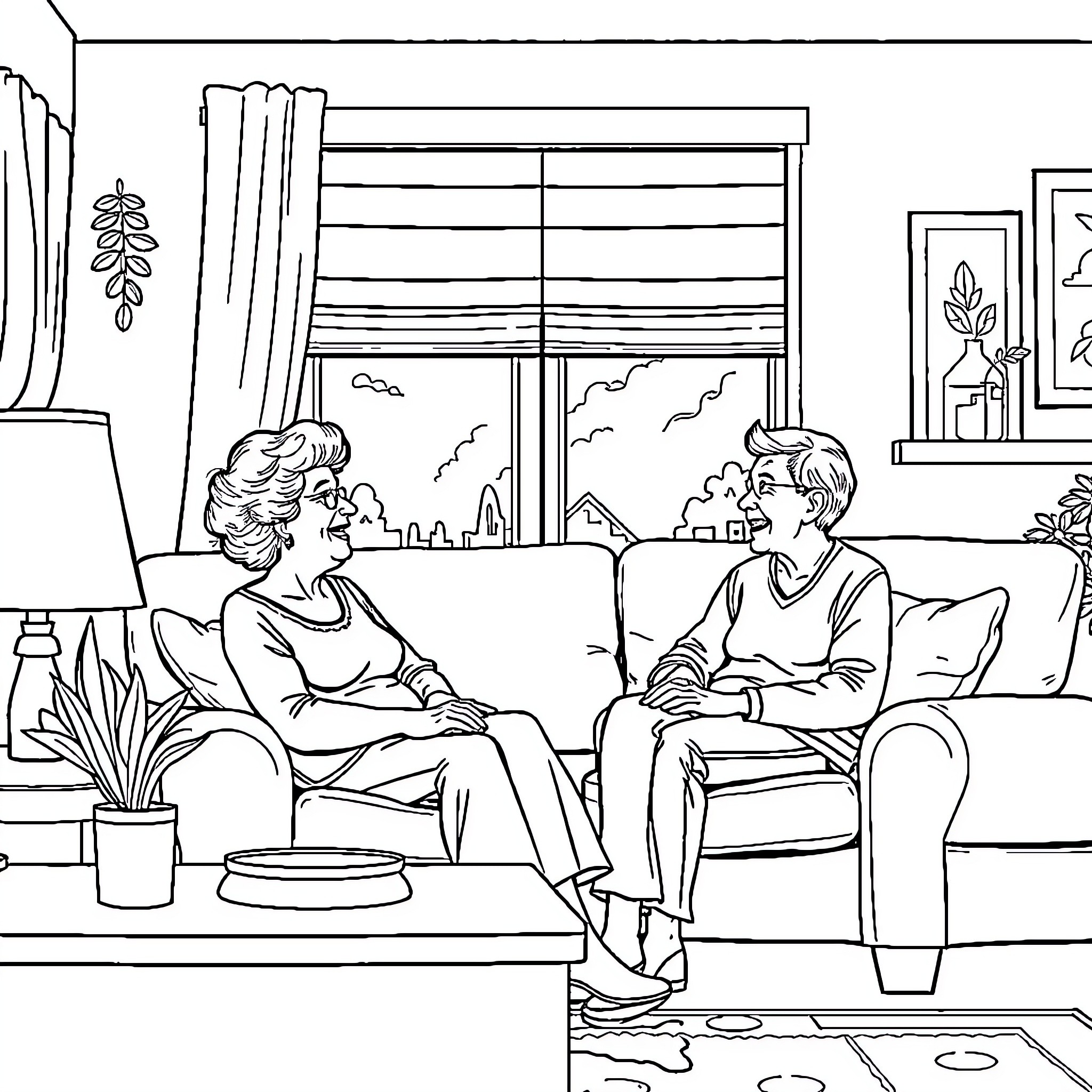 Mom and child relaxing in cozy living room Coloring Page (free black-and-white line drawing printable PDF for all, from beginners to advanced learners, including children, teens, adults, and seniors)