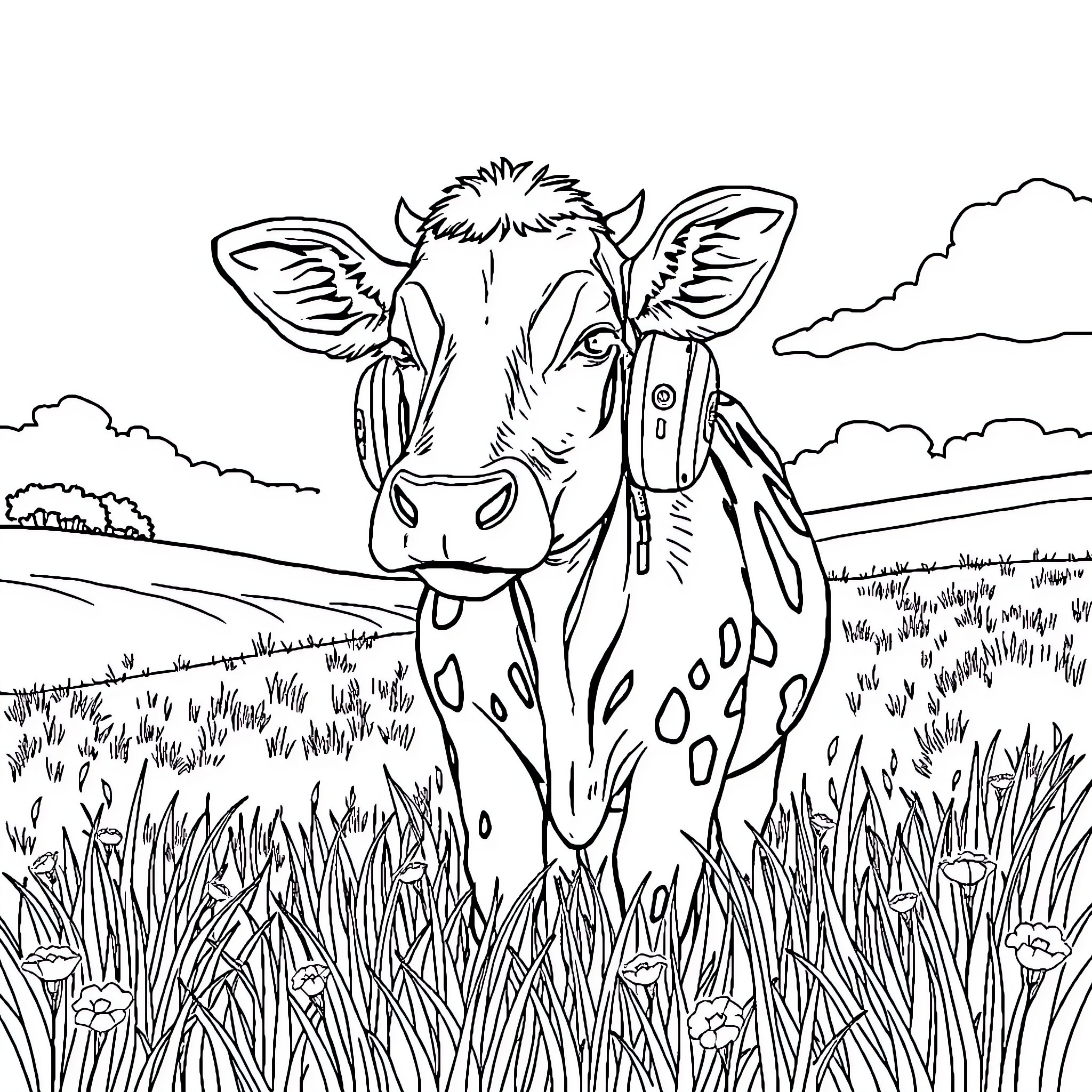 Vache exploring the tranquil countryside meadow Coloring Page (free black-and-white line drawing printable PDF for all, from beginners to advanced learners, including children, teens, adults, and seniors)