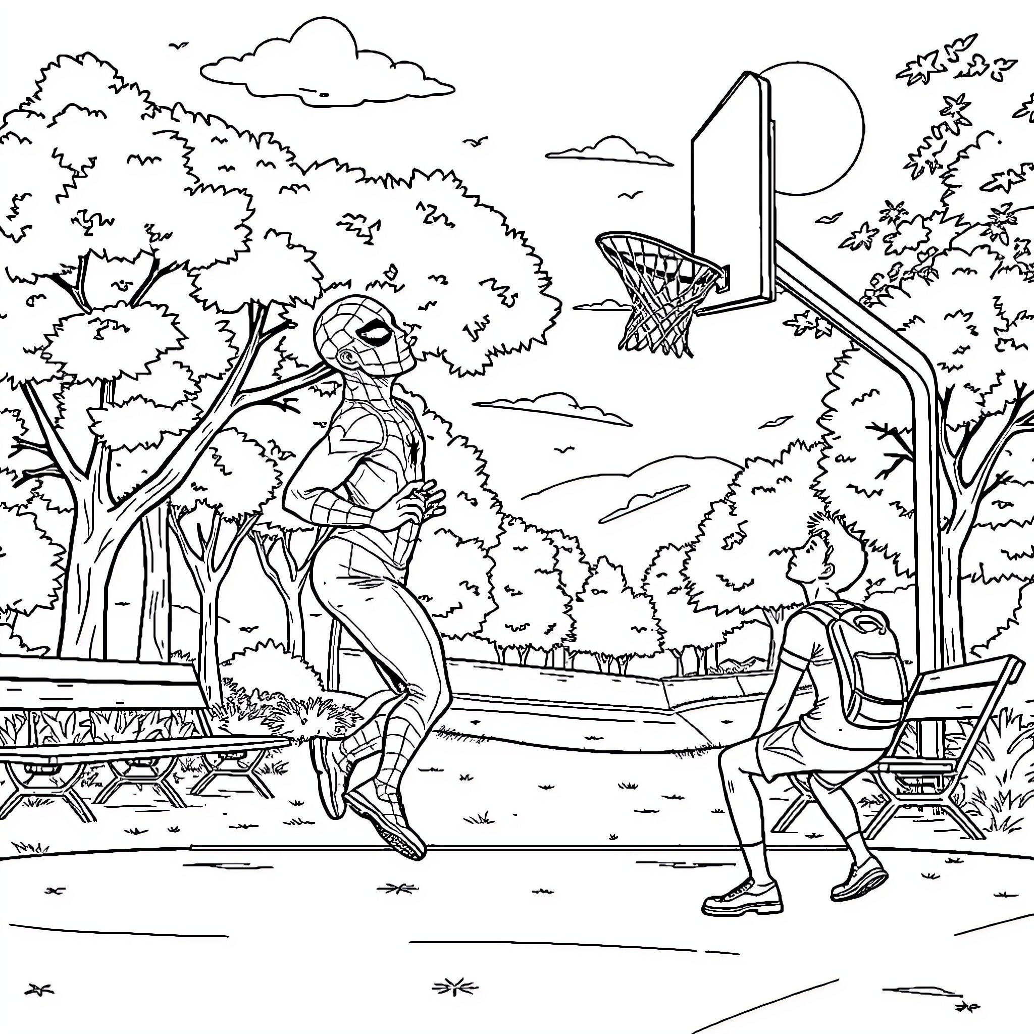 Spiderman playing basketball with a friend in the park Coloring Page (free black-and-white line drawing printable PDF for all, from beginners to advanced learners, including children, teens, adults, and seniors)