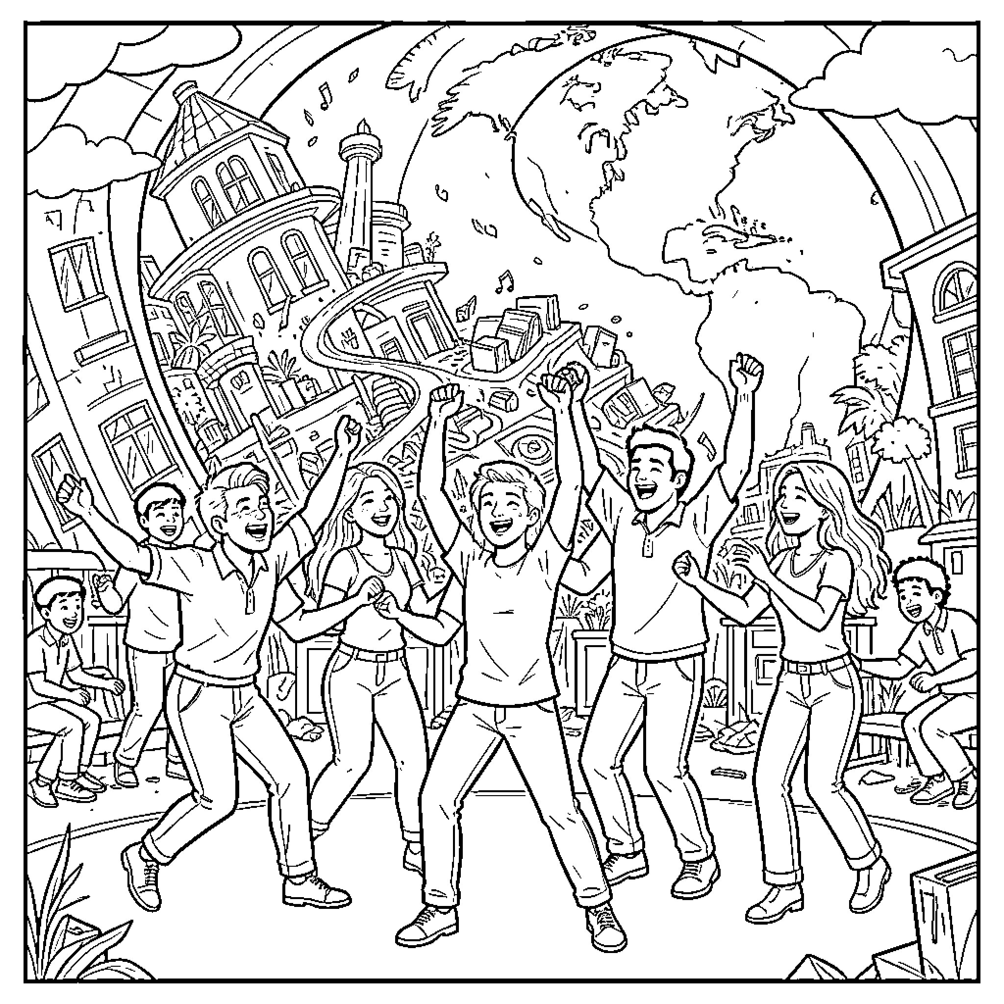 Danza de jóvenes alegres en una ciudad internacional Coloring Page (free black-and-white line drawing printable PDF for all, from beginners to advanced learners, including children, teens, adults, and seniors)