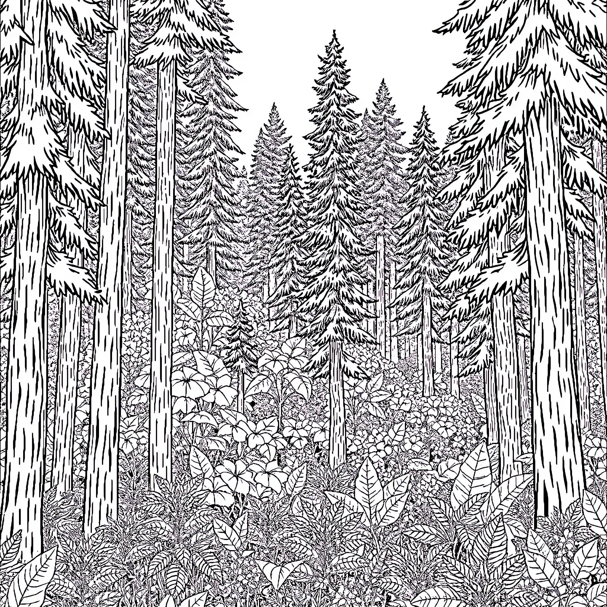 Forest filled with towering evergreen trees Coloring Page (free black-and-white line drawing printable PDF for all, from beginners to advanced learners, including children, teens, adults, and seniors)