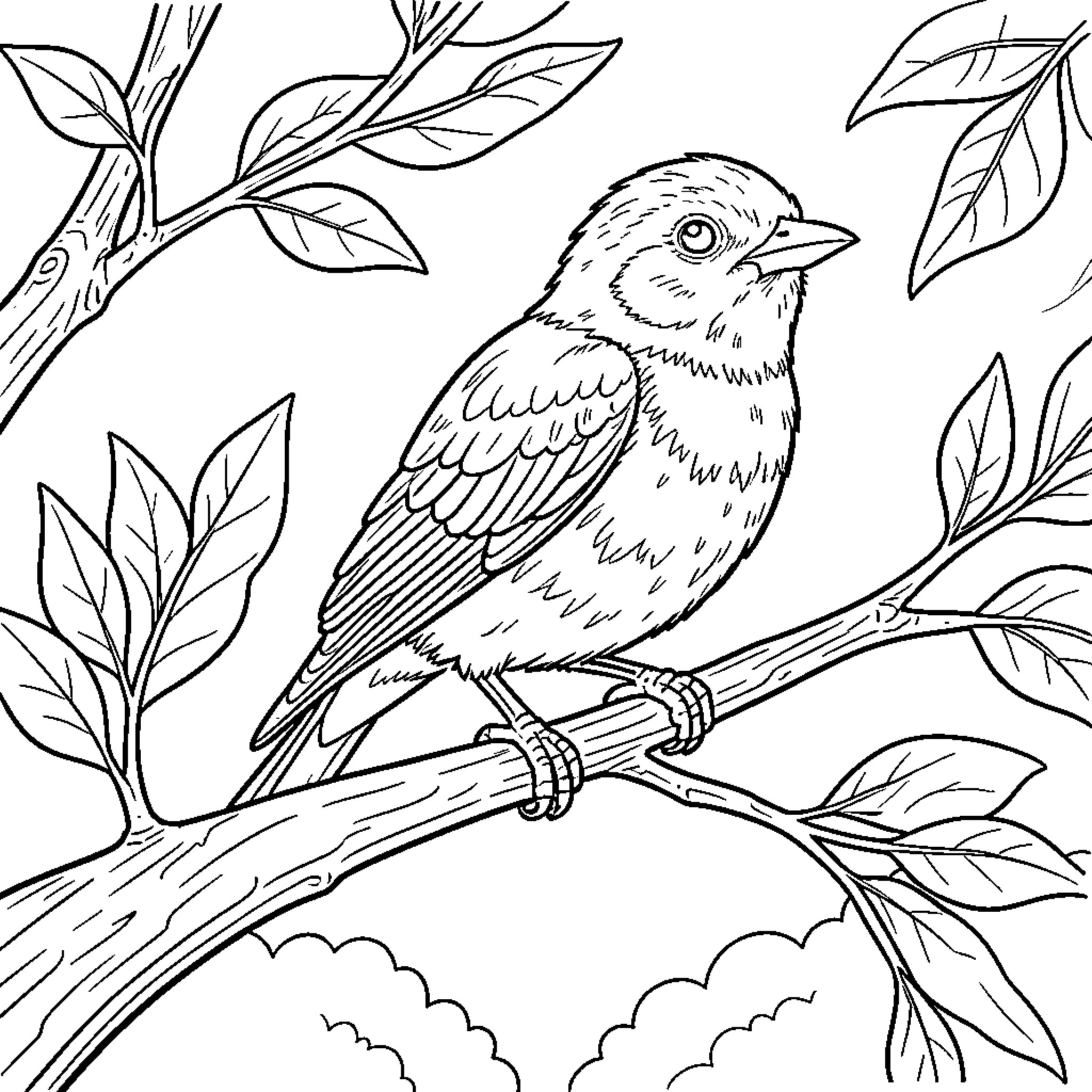 Bird perched on branch amidst lush foliage Coloring Page (free black-and-white line drawing printable PDF for all, from beginners to advanced learners, including children, teens, adults, and seniors)