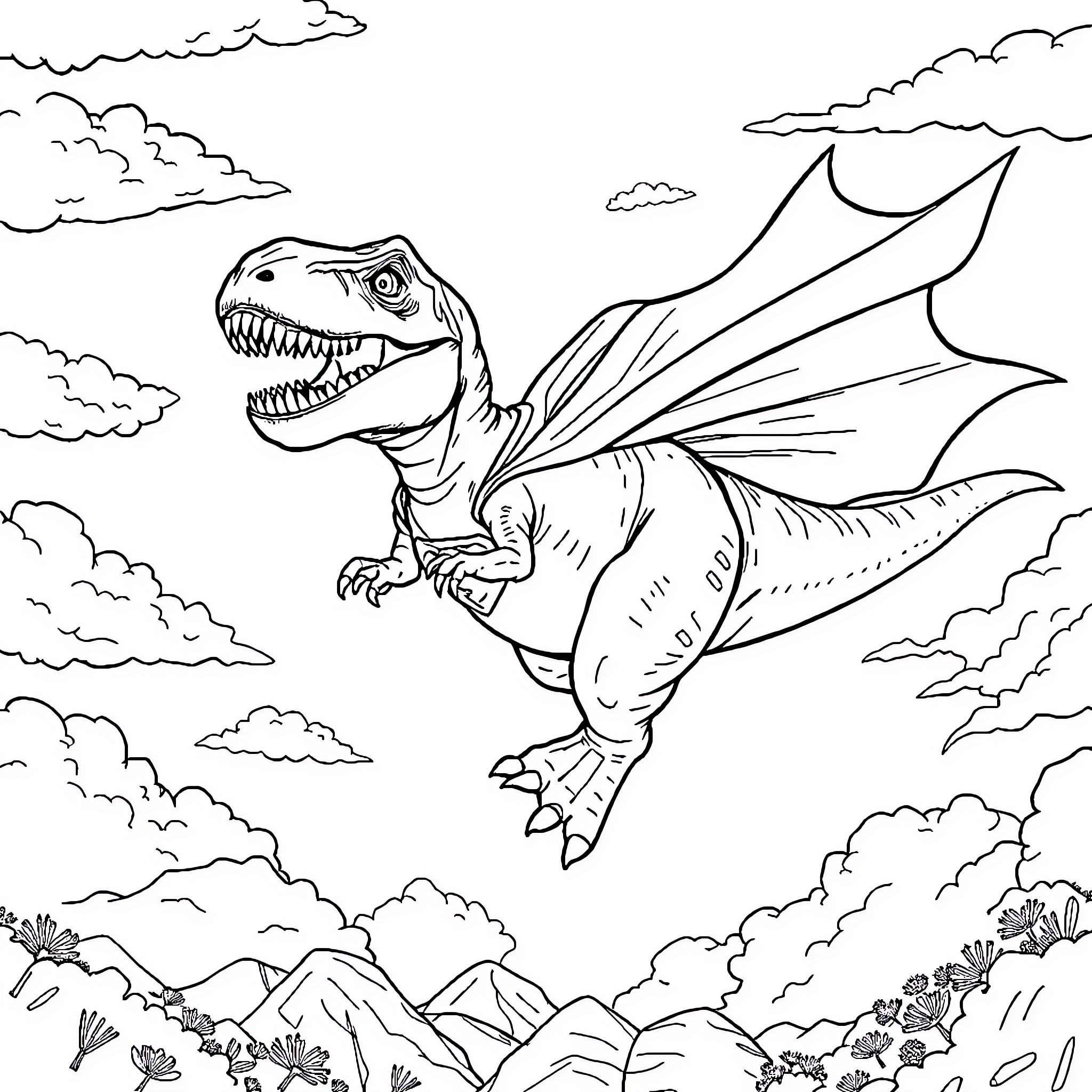 T-Rex soaring through the clouds Coloring Page (free black-and-white line drawing printable PDF for all, from beginners to advanced learners, including children, teens, adults, and seniors)