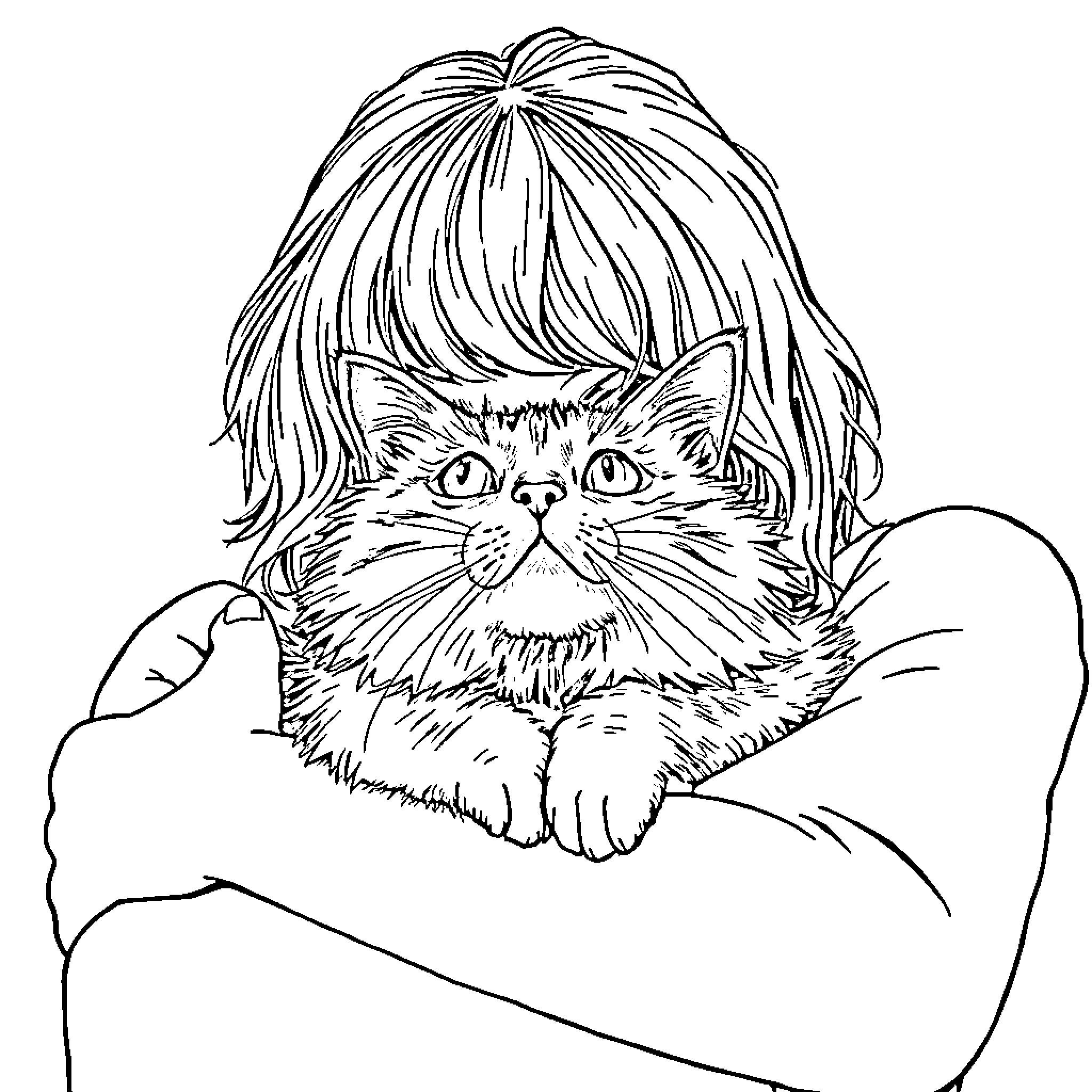 Cat cuddling in a cozy embrace Coloring Page (free black-and-white line drawing printable PDF for all, from beginners to advanced learners, including children, teens, adults, and seniors)
