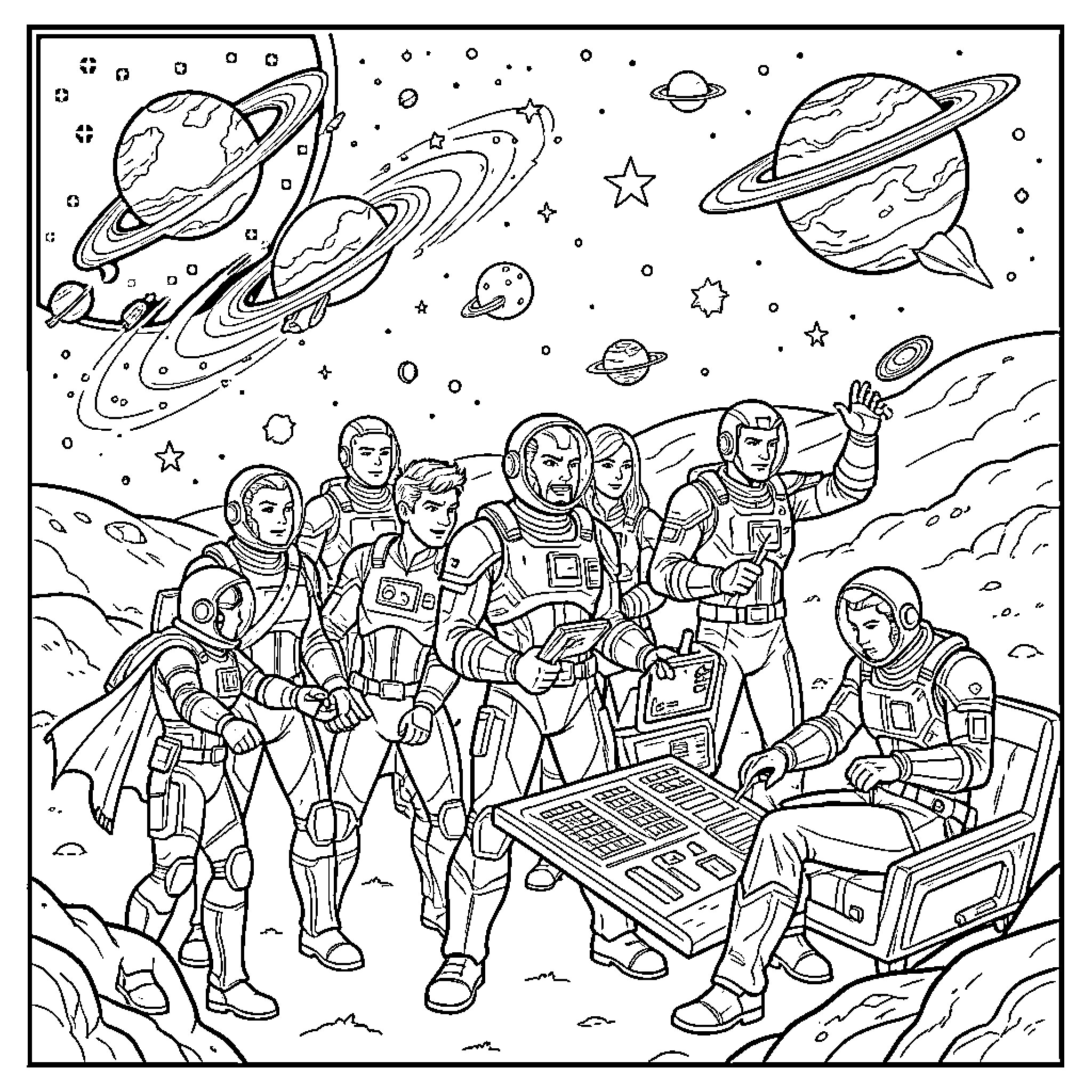 Guardian astronauts exploring a vast planetary landscape Coloring Page (free black-and-white line drawing printable PDF for all, from beginners to advanced learners, including children, teens, adults, and seniors)