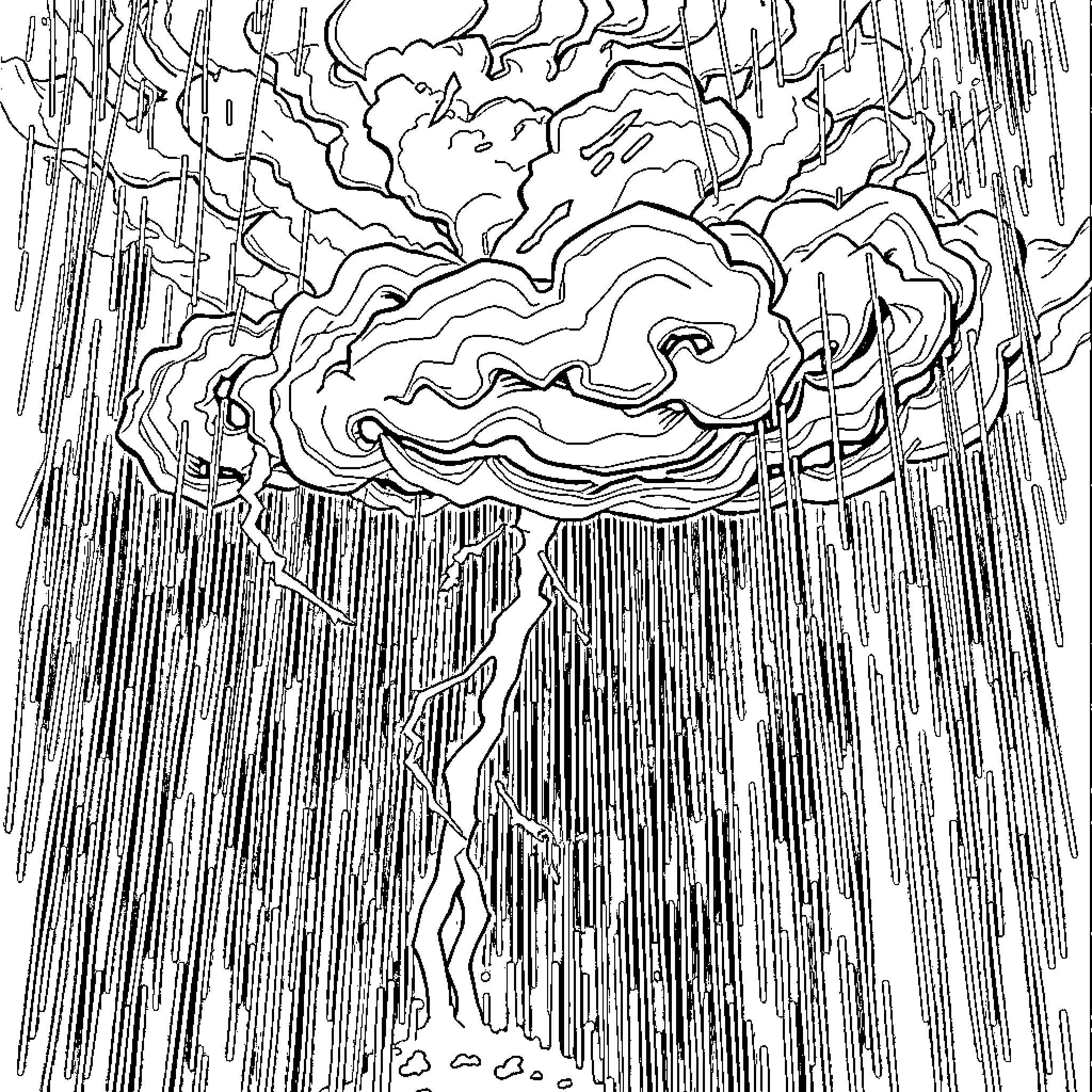 Rain storm raging with fierce clouds and heavy downpour Coloring Page (free black-and-white line drawing printable PDF for all, from beginners to advanced learners, including children, teens, adults, and seniors)