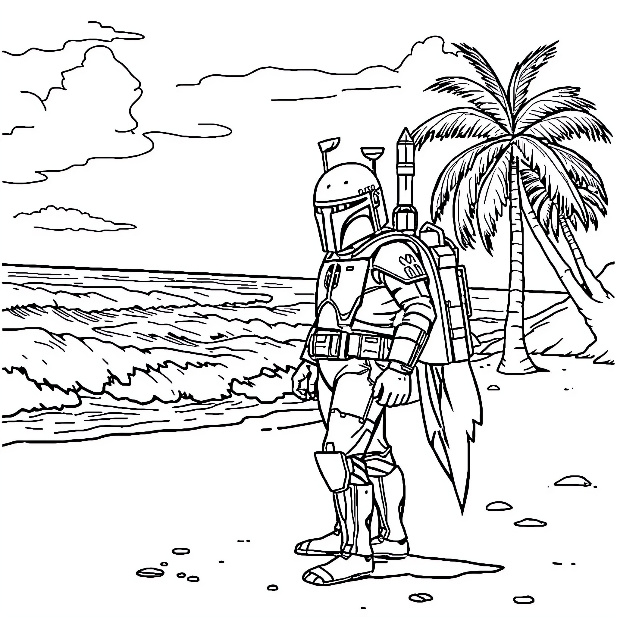 Boba Fett standing on a tropical beach Coloring Page (free black-and-white line drawing printable PDF for all, from beginners to advanced learners, including children, teens, adults, and seniors)