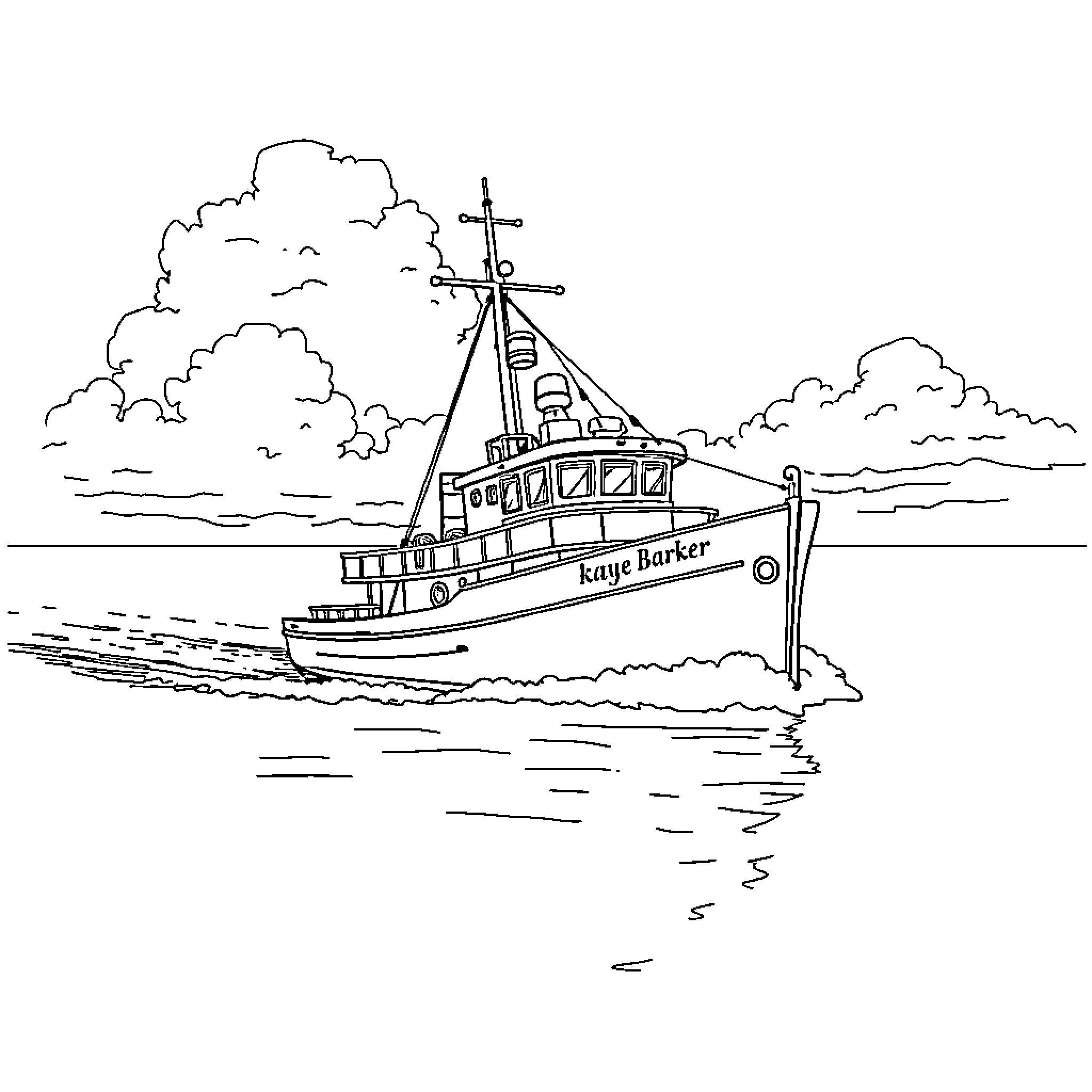 Ship sailing across the open waters Coloring Page (free black-and-white line drawing printable PDF for all, from beginners to advanced learners, including children, teens, adults, and seniors)