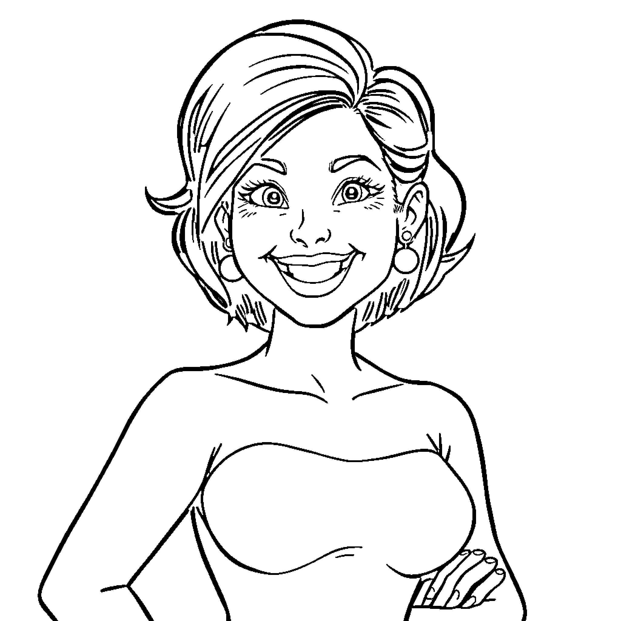 Lisa Ann's Cheerful Pose Coloring Page (free black-and-white line drawing printable PDF for all, from beginners to advanced learners, including children, teens, adults, and seniors)