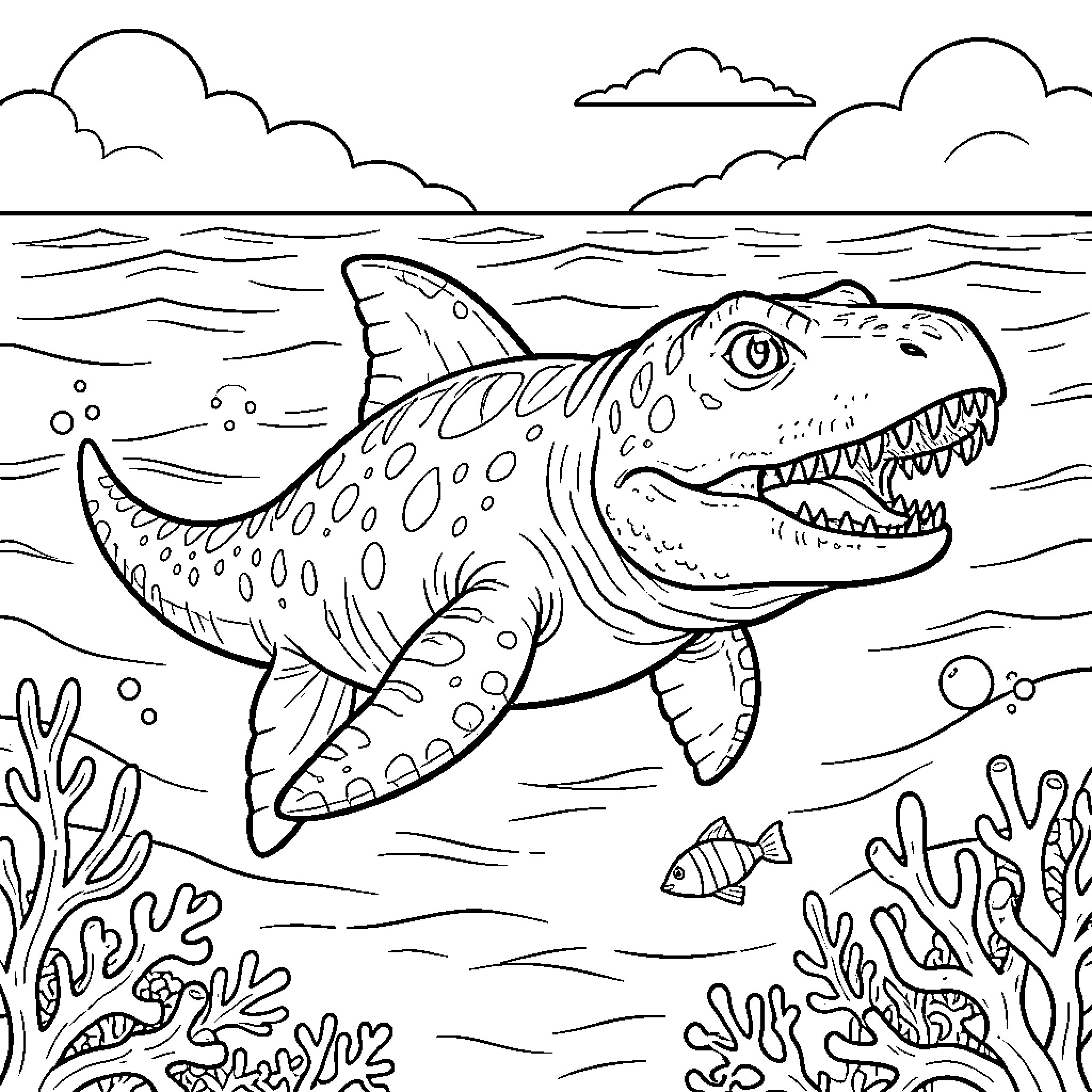 Aquatic Dinosaur swimming through the ocean coral reefs Coloring Page (free black-and-white line drawing printable PDF for all, from beginners to advanced learners, including children, teens, adults, and seniors)