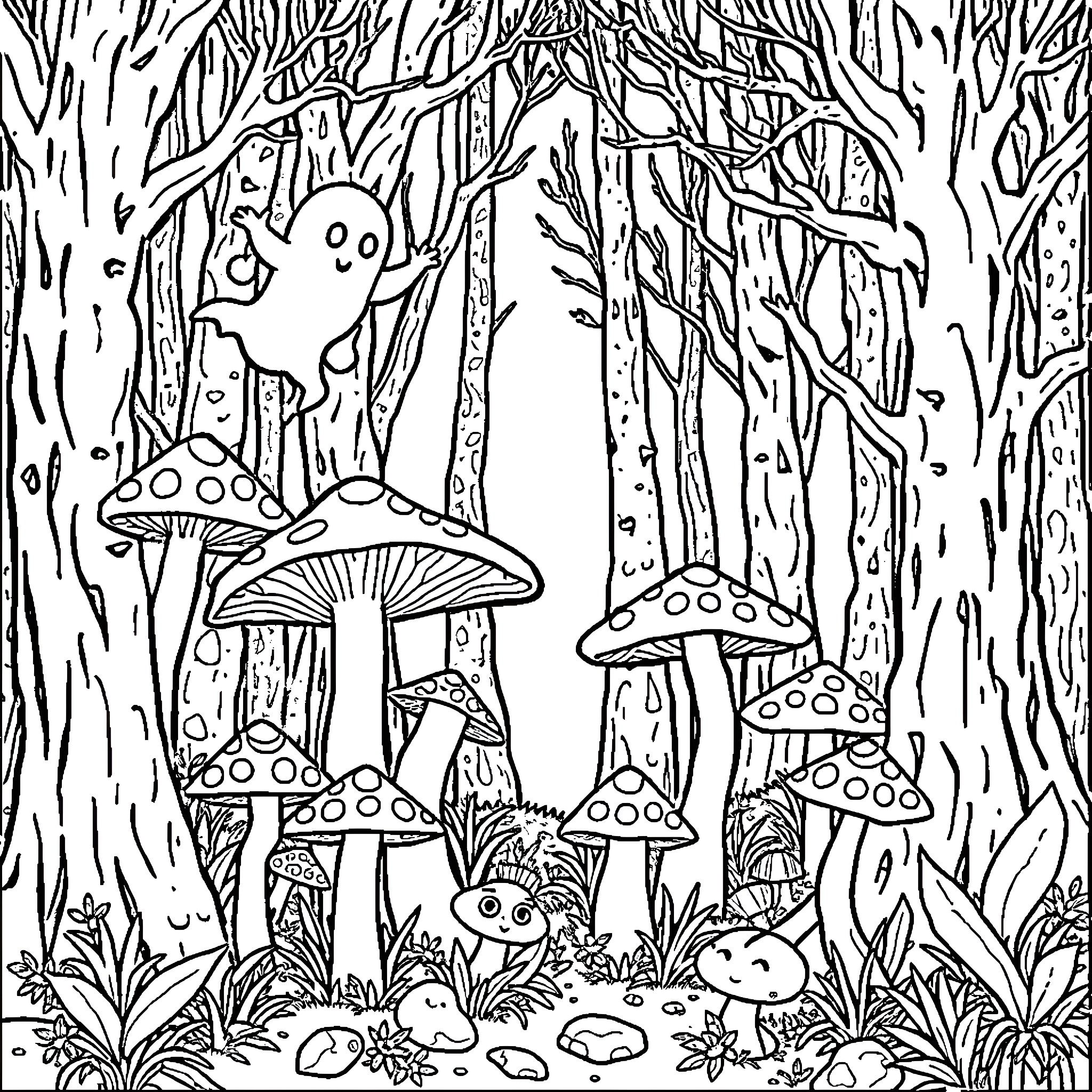 Mushroom creatures exploring the enchanted forest Coloring Page (free black-and-white line drawing printable PDF for all, from beginners to advanced learners, including children, teens, adults, and seniors)