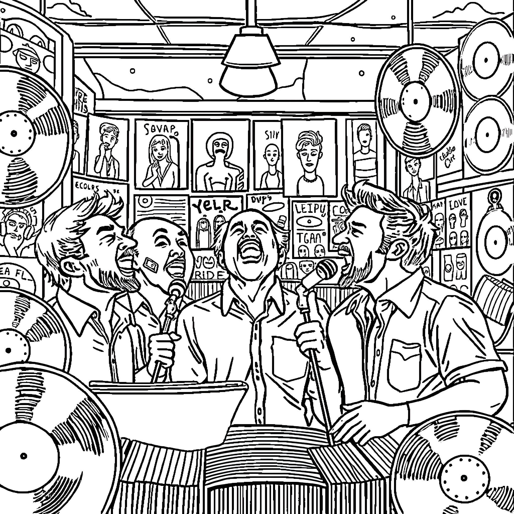 Man performing on stage with band members Coloring Page (free black-and-white line drawing printable PDF for all, from beginners to advanced learners, including children, teens, adults, and seniors)