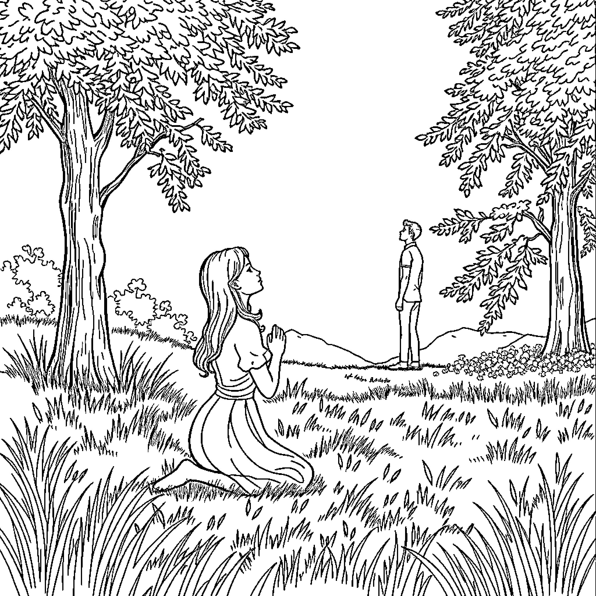 Lady in a Serene Forest Landscape Coloring Page (free black-and-white line drawing printable PDF for all, from beginners to advanced learners, including children, teens, adults, and seniors)